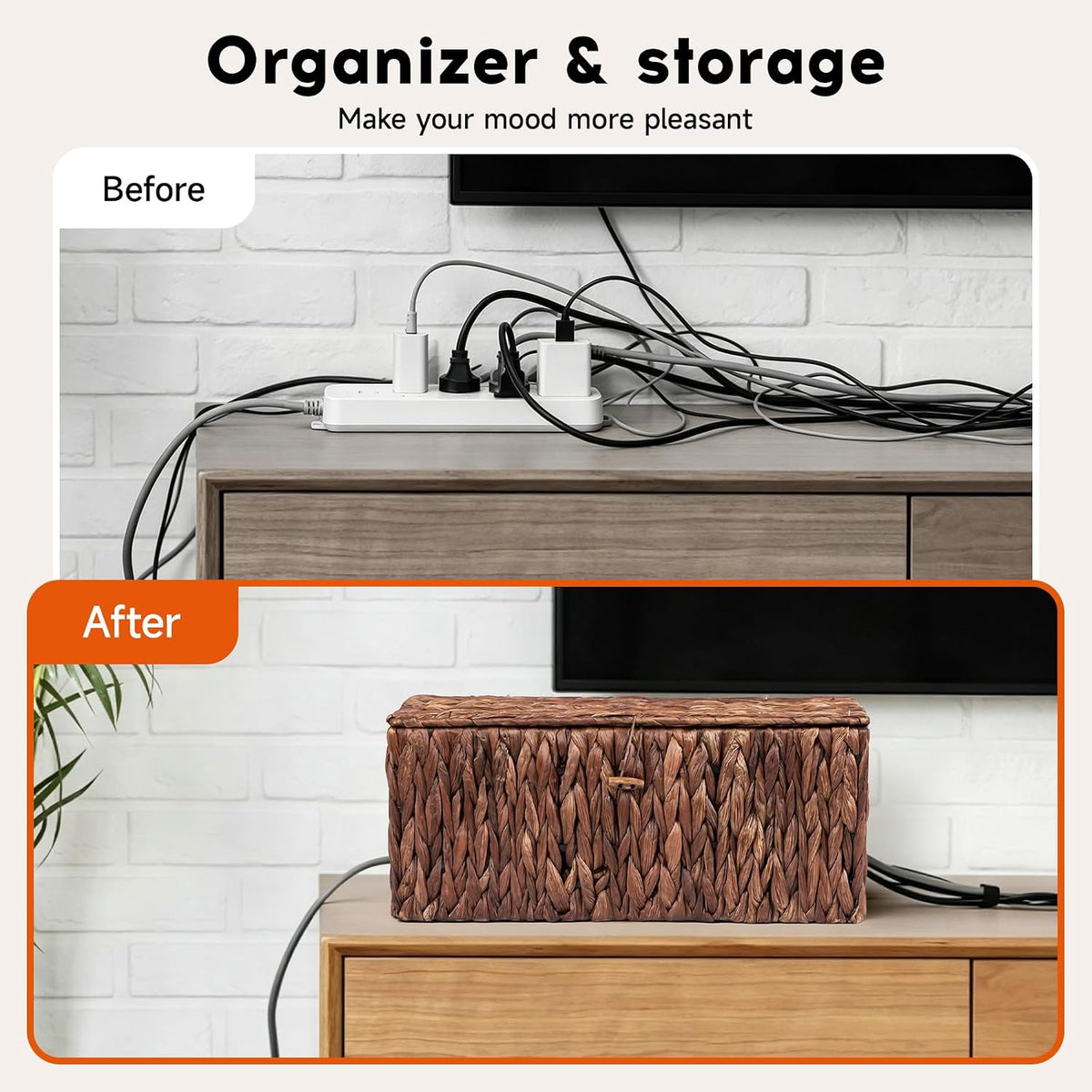 Cable Management Box with Lid, 2Pack Handwoven Real Water Hyacinth Cord Hider Organizer Boxes,2 Side Open Slots Storage Box to Hide Cords Power Strip for Desk, Floor, Office