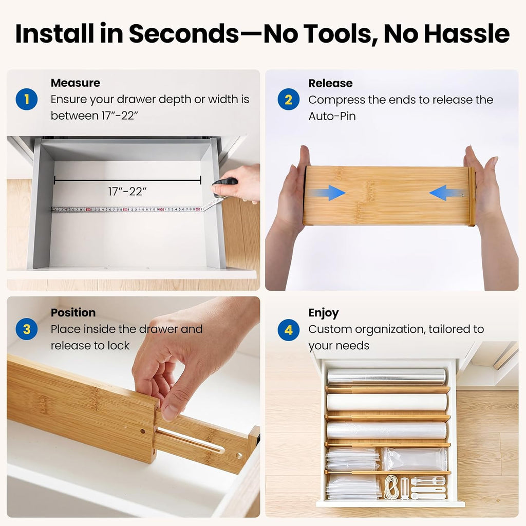4 Pack 6" Deep Bamboo Drawer Dividers, 17-22" Expandable Kitchen Organizers