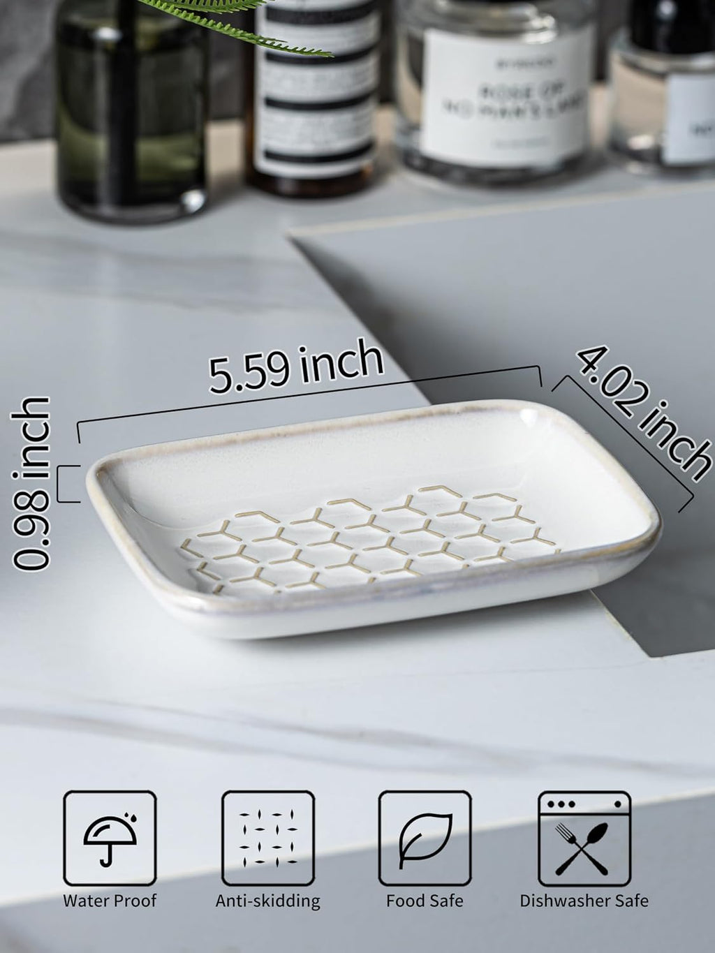 Gomakren Ceramic Soap Dish for Shower, Honeycomb Soap Tray 5.5 Inch, Beige
