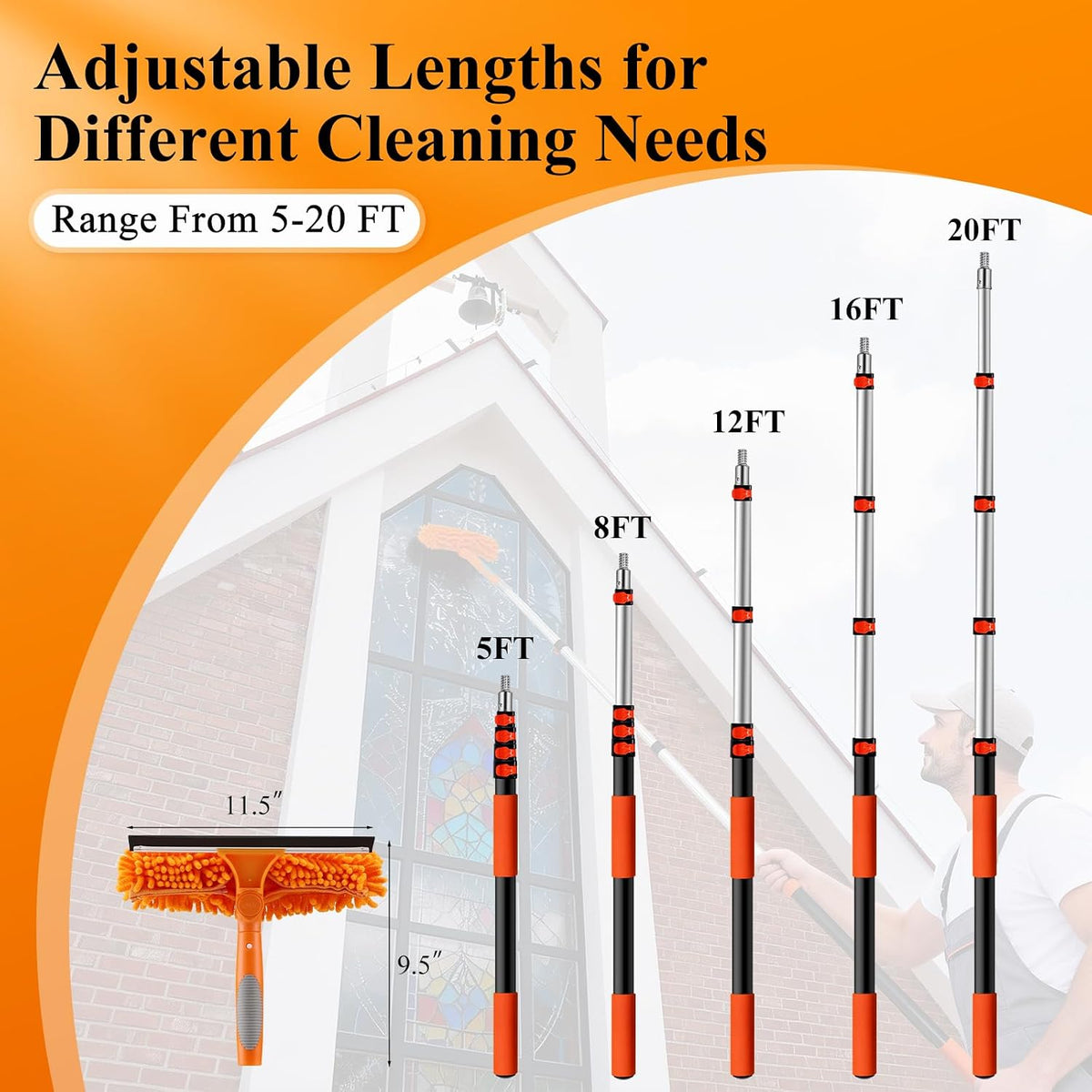 26ft High Reach Window Squeegee with 20ft Extra Long Extension Pole