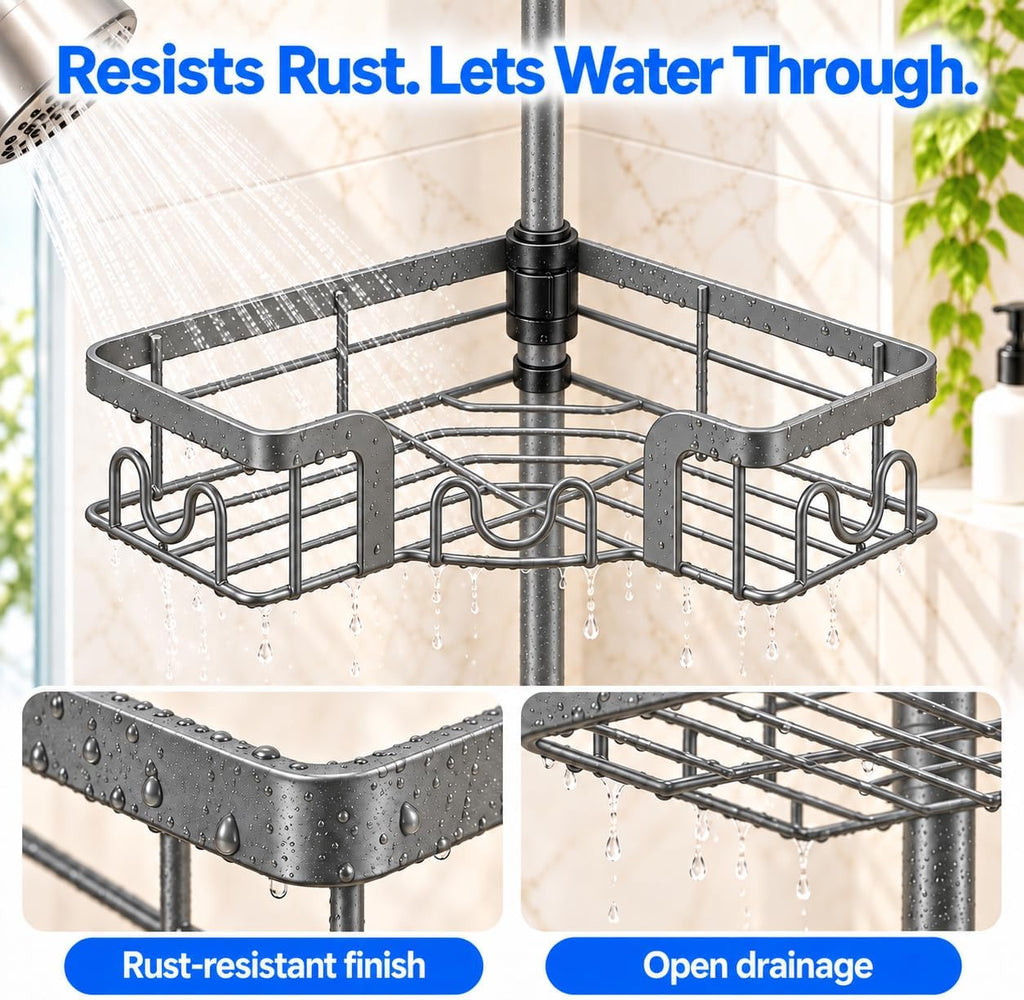 4-Tier Corner Shower Caddy Tension Pole, Floor to Ceiling Shower Corner Shelf Organizer with Soap Hold No-Drill 23.6-114.5 Inch Gray