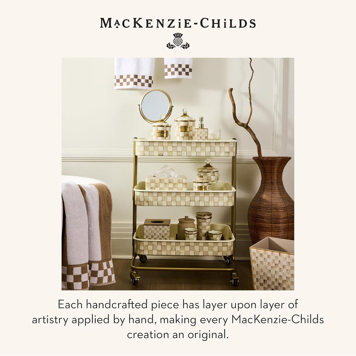 MACKENZIE-CHILDS Glass Soap Pump, Brown-and-White Mocha Check