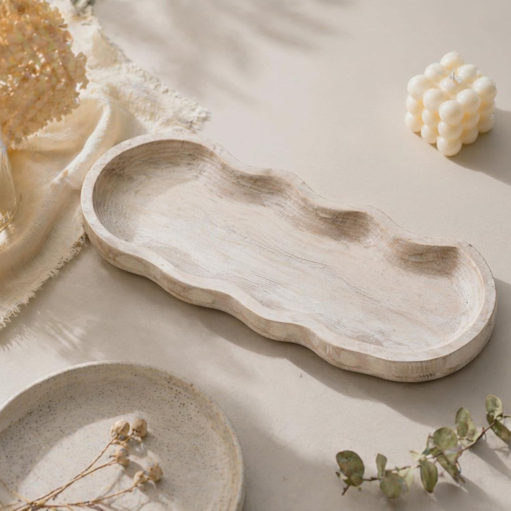 Hushee Wavy Edge Wooden Dough Bowl for Decor, Hand Carved Farmhouse Decor
