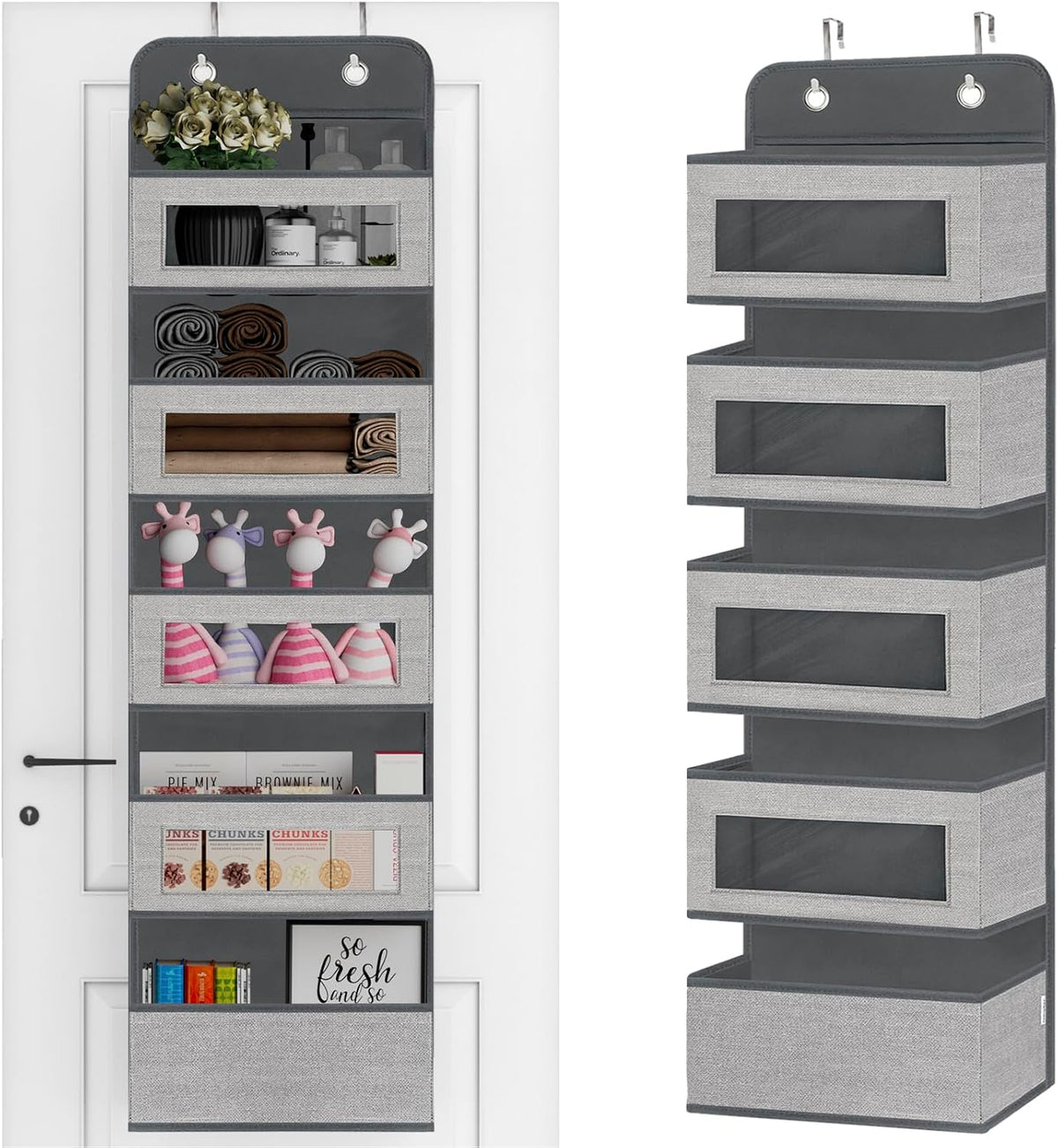 Over The Door Hanging Organizer Storage with 5 Large Pockets,Wall Mount Clear Windows and 2 Widened Metal Hooks for Pantry,Nursery,Diapers,Bathroom,Kitchen,Closet,Dorm