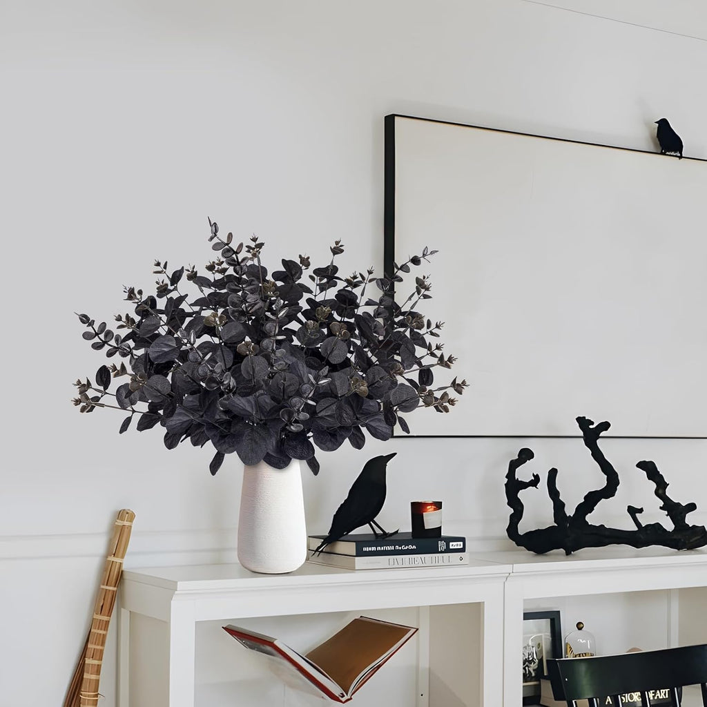 Yen Jean 20PCS Black Halloween Decor Artificial Flowers Bulk - Eucalyptus Stems Branches Decorations for Table Indoor Centerpieces Party Supplies