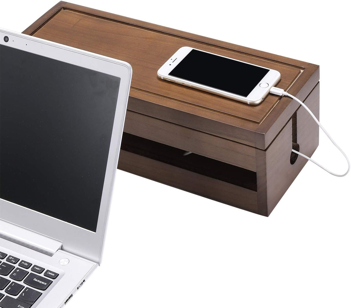 Changsuo Cable Management Box Wooden Cord Organizer Box for Extension Cord Power Stripe Surge Protector Wire Management Concealer Cover Hider for Desktop Home Office Kitchen (Brown)