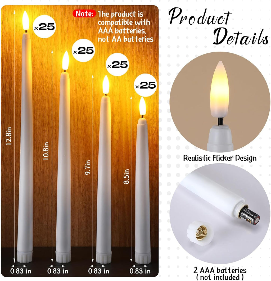 Baquler Flameless Taper Candles LED Flickering Candlesticks, White, 100 Pcs