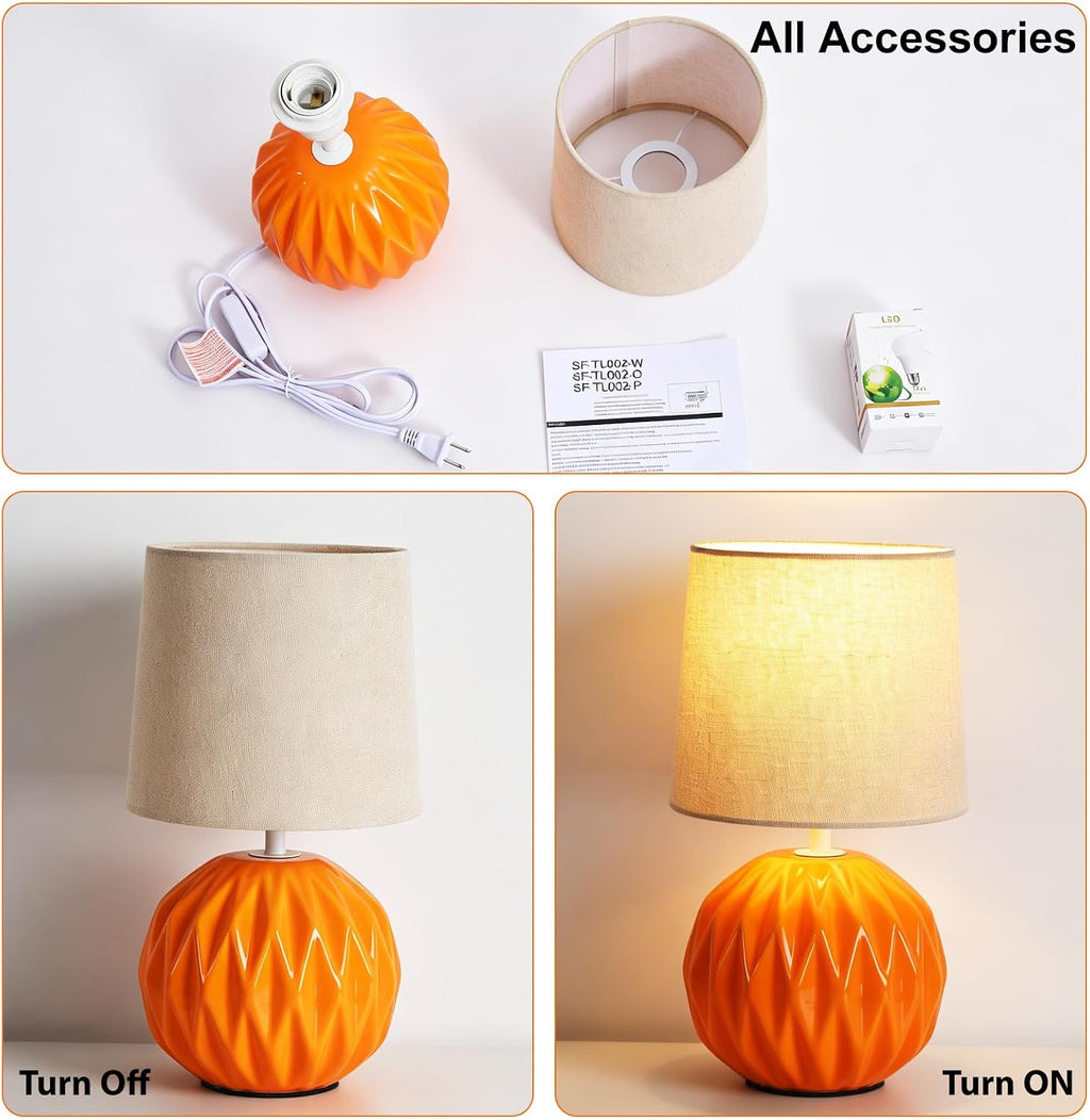 Orange Ceramic Table Lamp with Linen Shade, Small Bedside Lamp for Bedroom