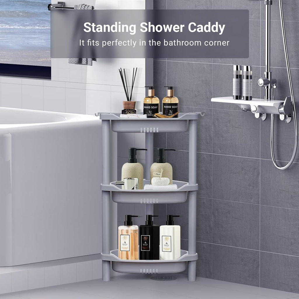 ELYKEN Corner Shower Caddy Standing, 3 Tier Plastic Shower Organizer, Grey