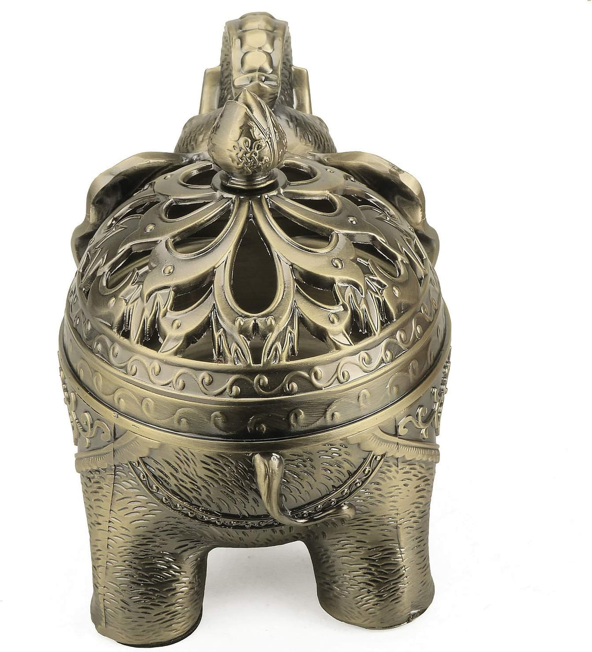 K COOL Metal Backflow Incense Holder Elephant Cone Coil Incense Burner Ash Catcher with Lid, Aromatherapy Ornament Home Office Decoration for Indoor Outdoor (Bronze)