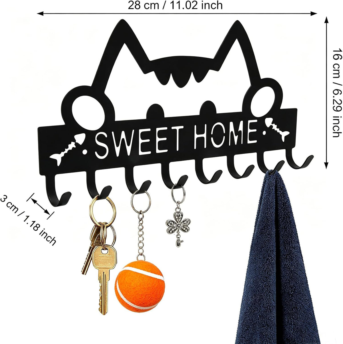 8 Hooks Entryway Wall Key Holder, Metal Key Rack Wall Mount for Keys, Bags and Leashes, Decorative Organizer for Entryway, Mudroom or Hallway, Sweet Home Design, 11 x 6.3 Inches, Black