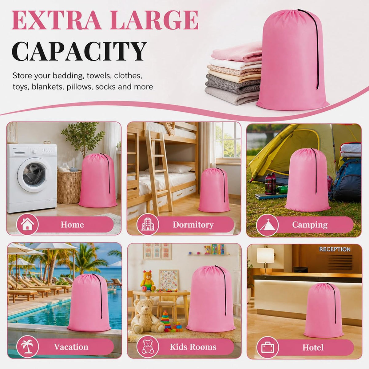 Woanger 12 Pack 28 x 45 Inch Extra Large Laundry Bags Bulk, Pink