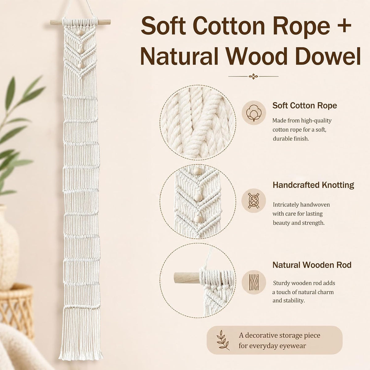 Macrame Sunglasses Holder for Wall, Boho Eyeglasses Organizer Holds Up to 10 Pairs, Handwoven Cotton Rope Glasses Display Rack with Wood Rod, Space-Saving Sunglass Storage for Bedroom Closet Entryway