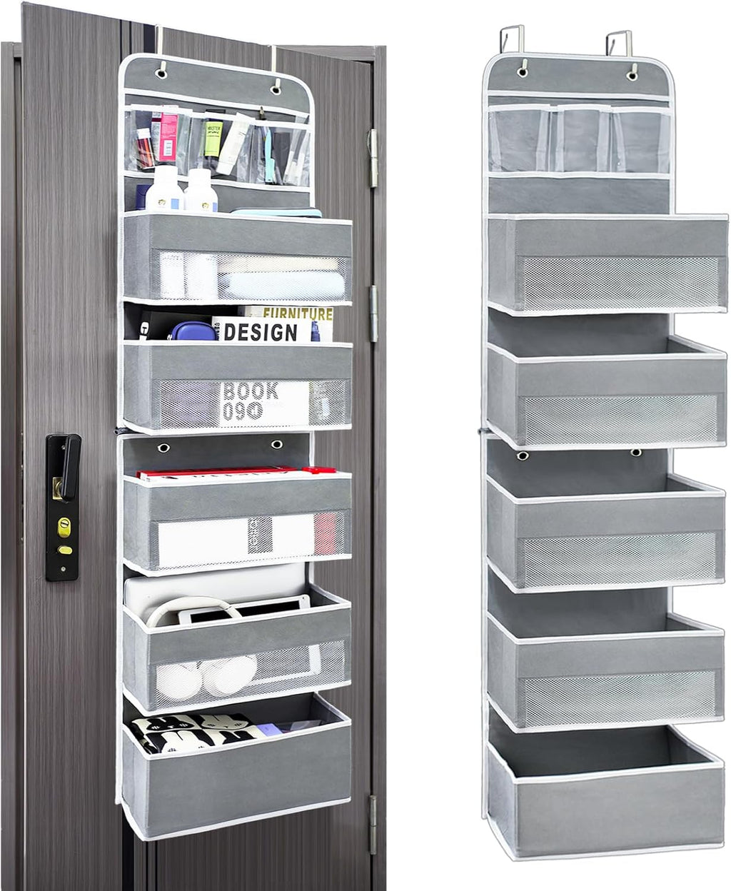Over the Door Organizer 6 Shelves & 8 Pockets, Zippered Divider, Grey