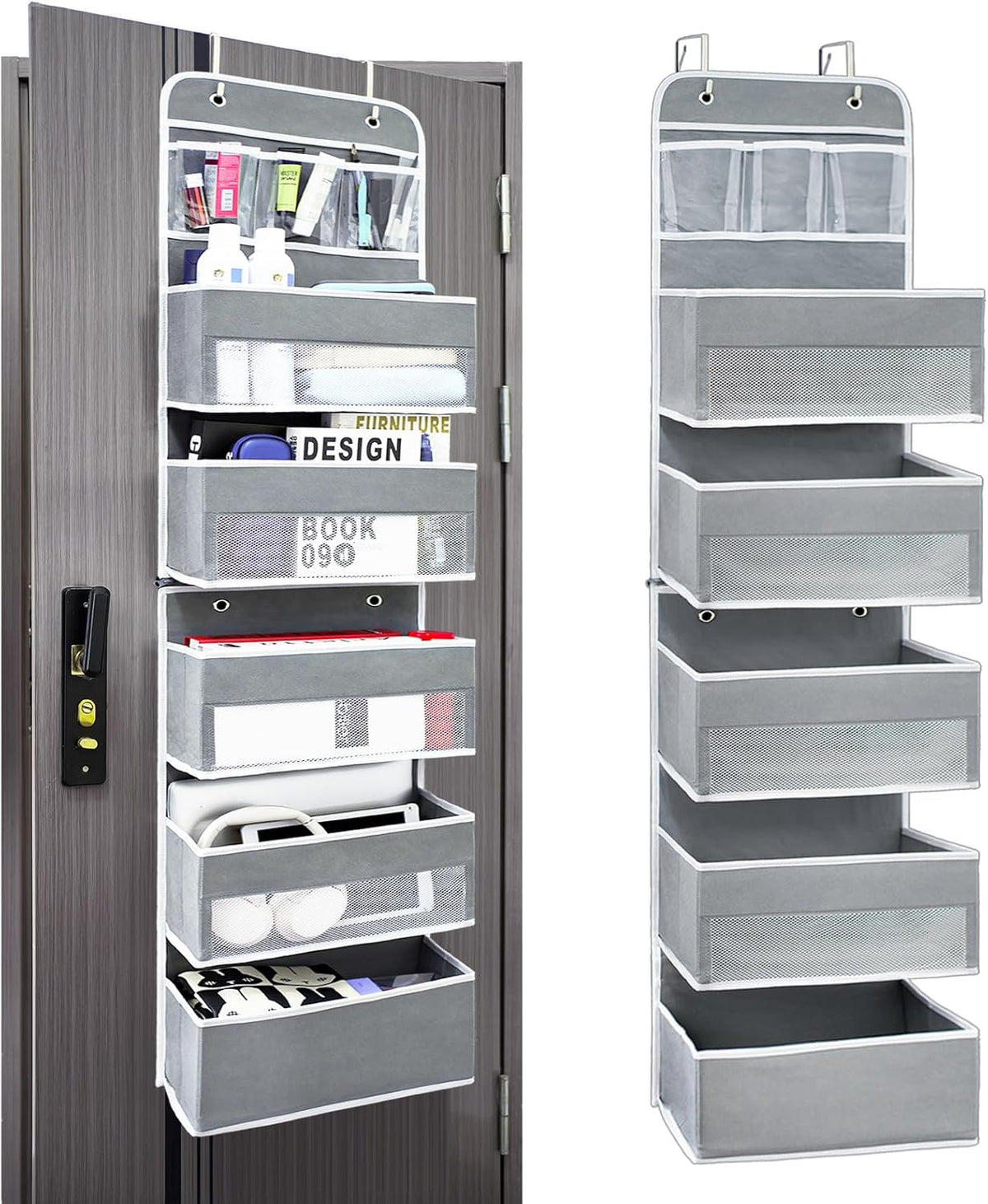 Over the Door Organizer 6 Shelves & 8 Pockets, Zippered Divider, Grey