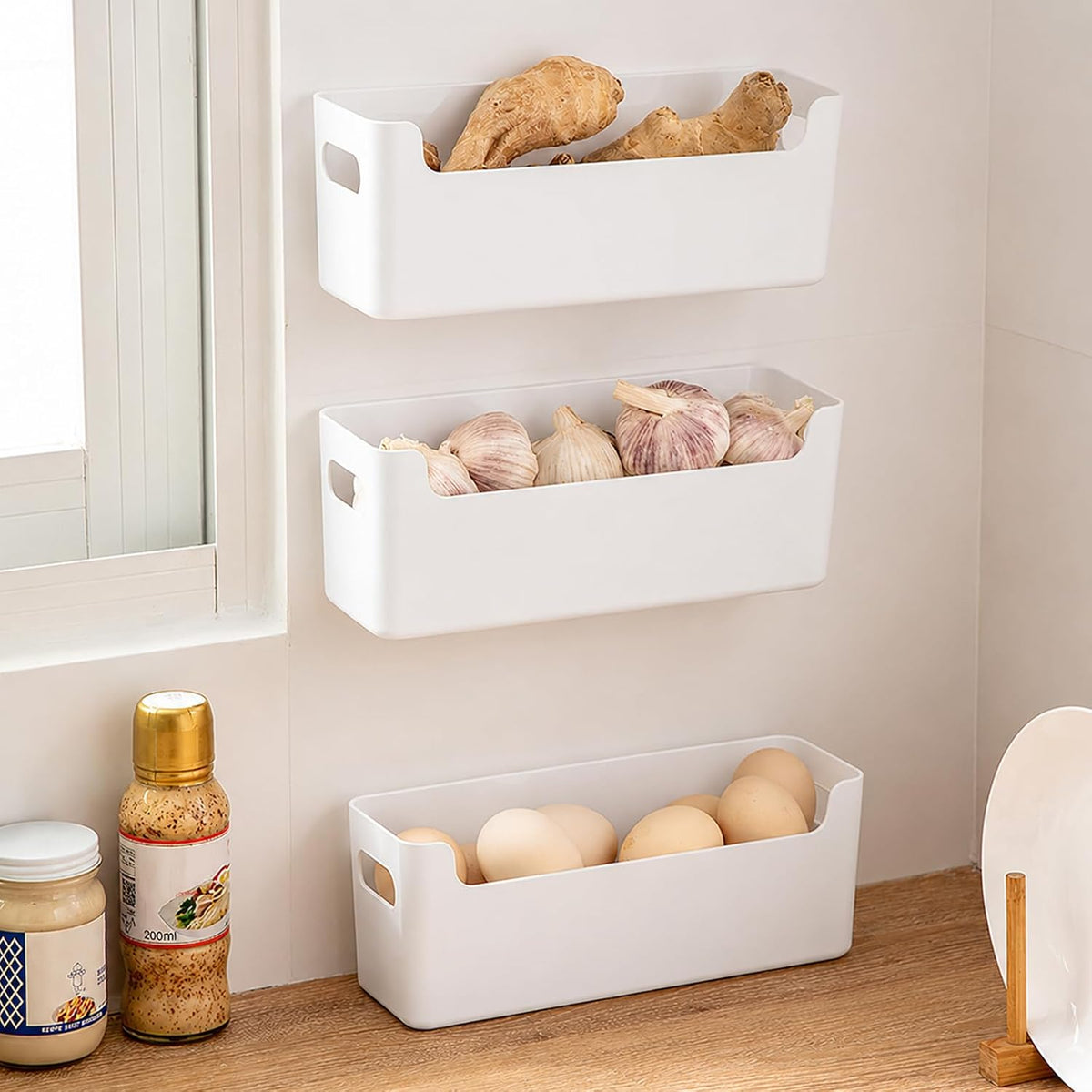 3 Pcs Kitchen Cabinet Door Organizer, Adhesive Mount Inside Cabinet Door Storage, Under Sink Storage Shelf for Kitchen,Bathroom,Office (White)