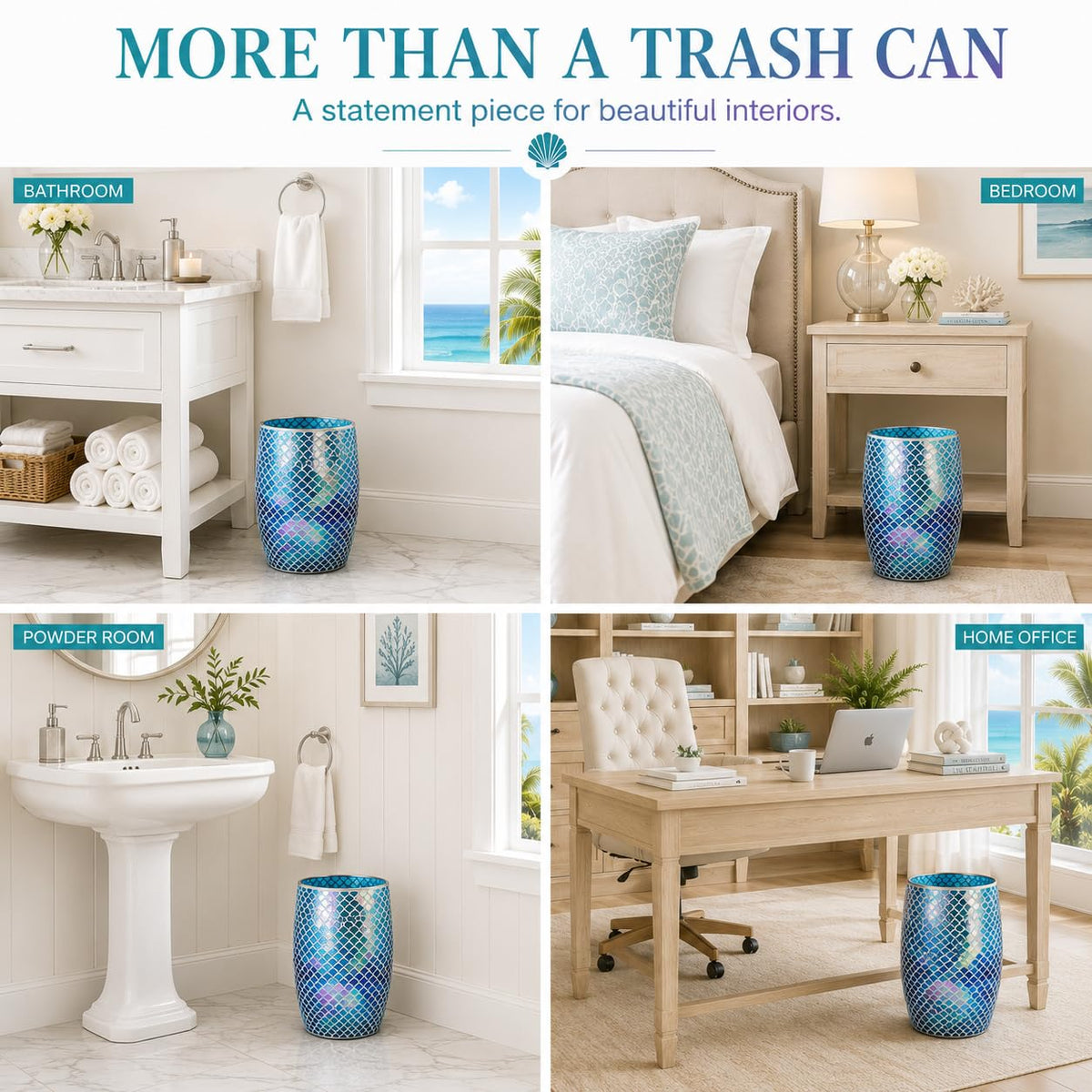 Escenzy Mermaid Bathroom Trash Can, Handmade Mosaic Glass 1.3 Gal / 5L | Decorative Waste Basket for Bathroom, Bedroom, Office | Luxury Mermaid Bathroom Decor | Coastal Home Decor Gift