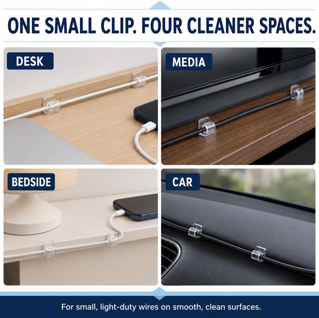 50 Pack Clear Adhesive Cable Clips - Invisible Wire Organizer & Cord Holder for Glass Desk, Wall & Home