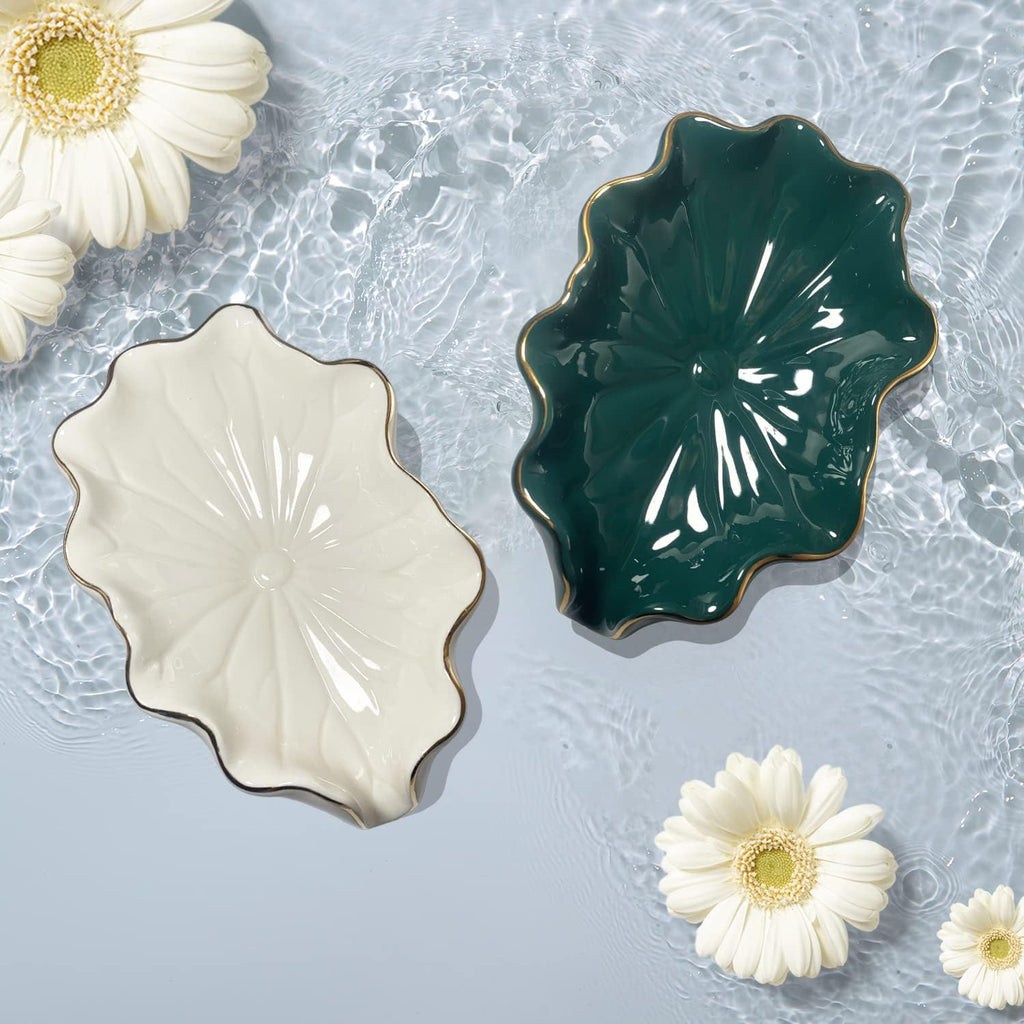 Bathroom Soap Dishes White, Lotus Leaf Soap Holder,Ceramic Soap Dish for Counter Top,Self Draining Soap Holder (White)