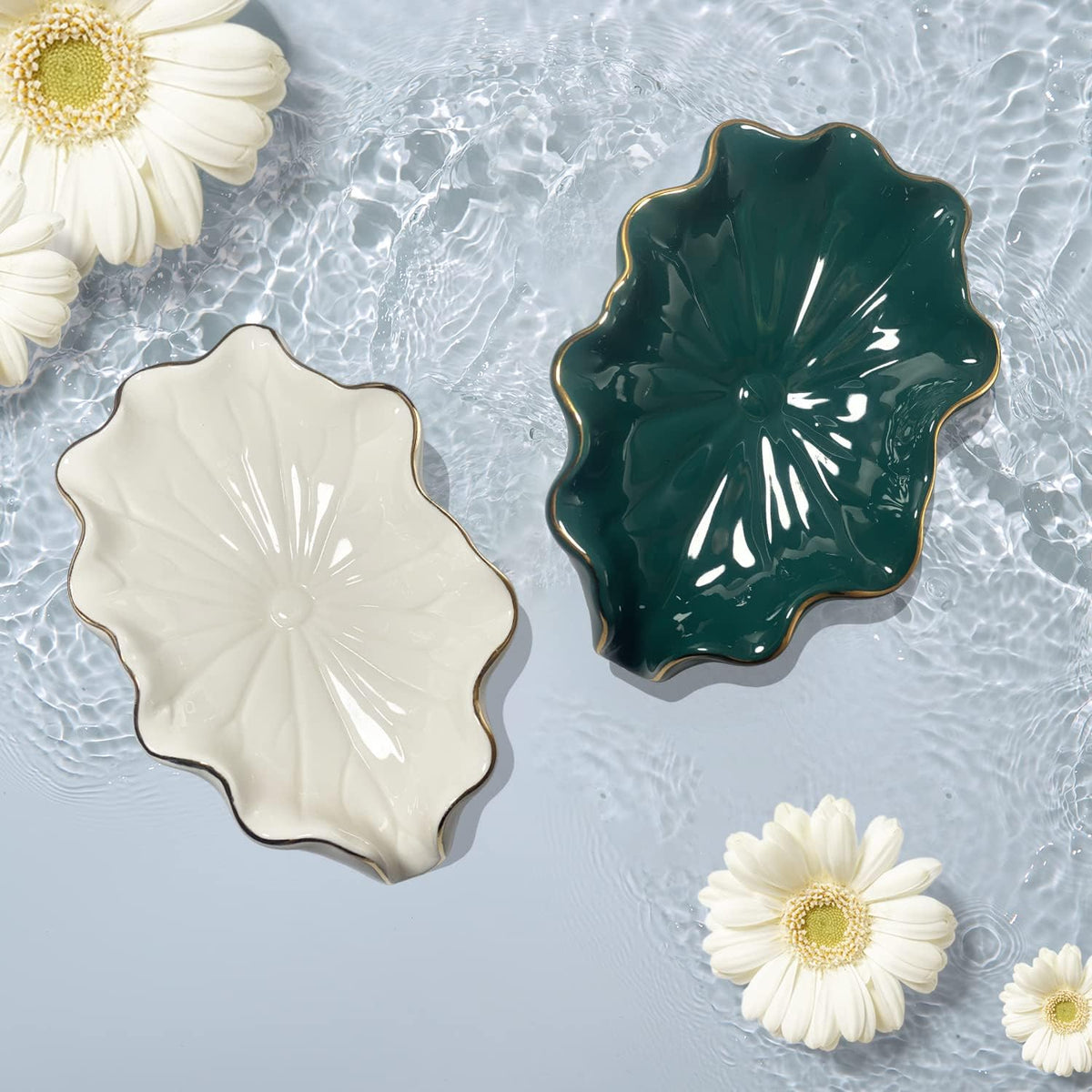 Bathroom Soap Dishes White, Lotus Leaf Soap Holder,Ceramic Soap Dish for Counter Top,Self Draining Soap Holder (White)