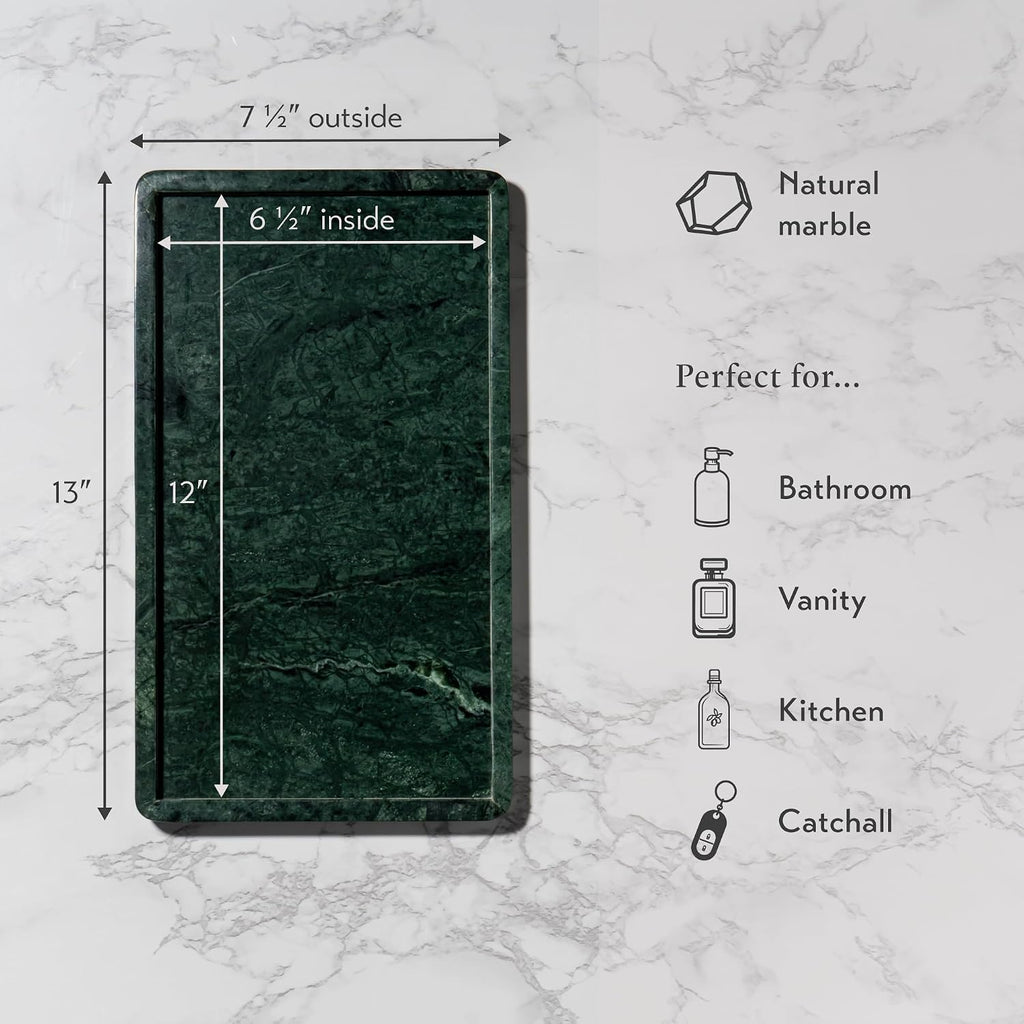 Cork & Mill Marble Tray for Bathroom Vanity, Green, Large 13 x 7.5 Inch