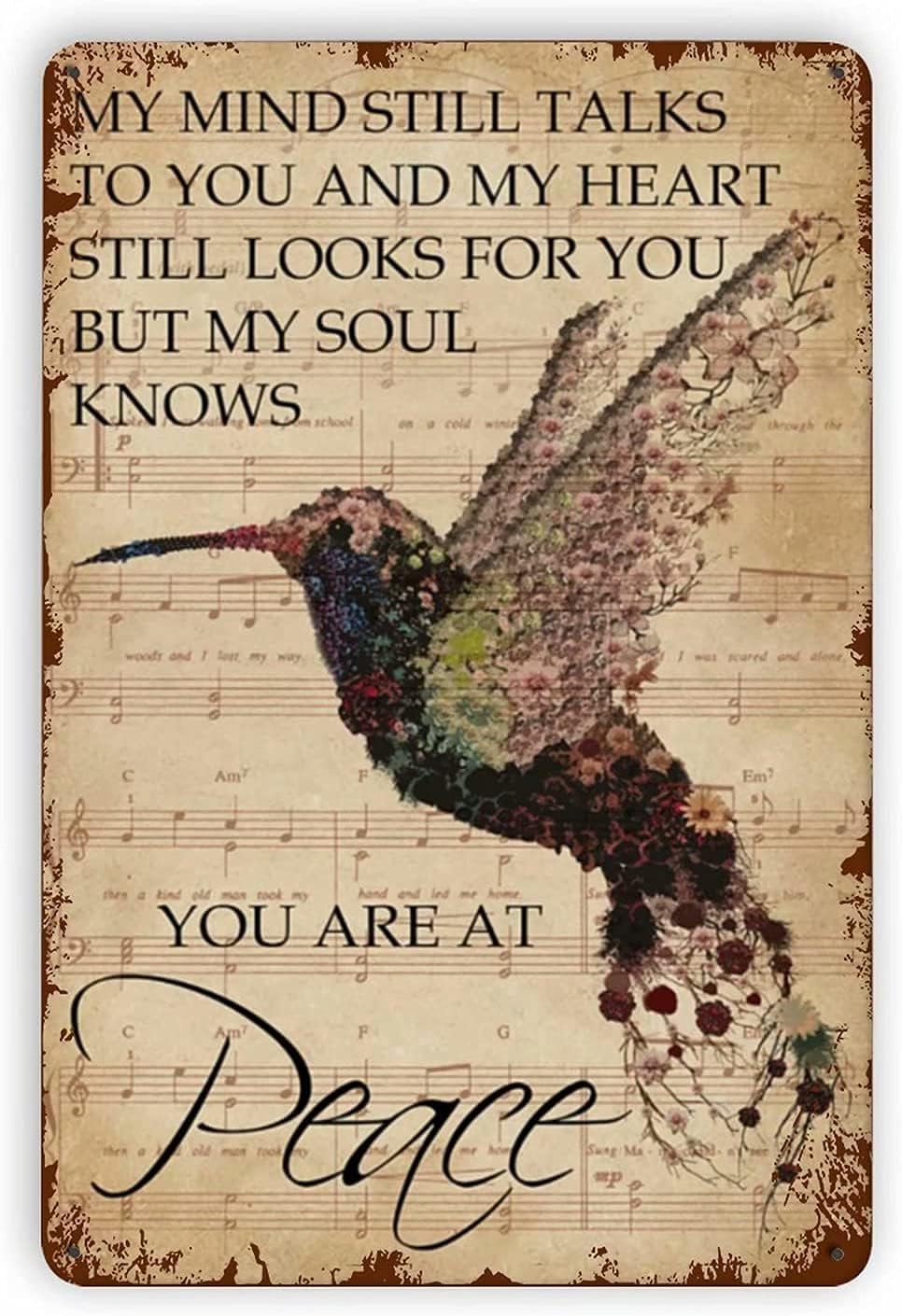 Hummingbird Metal Tin Sign,You are at Peace,Retro Vintage Bird Wall Decor Home Bedroom Bar Cafe Farm 8x12 Inch