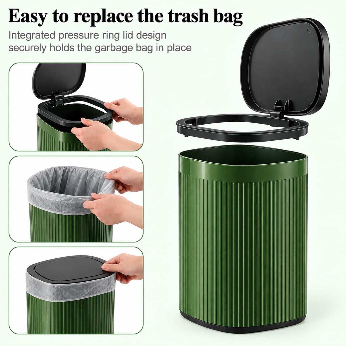 Small Bathroom Trash Can with Lid Plastic Garbage Can 2.1 Gallon Green