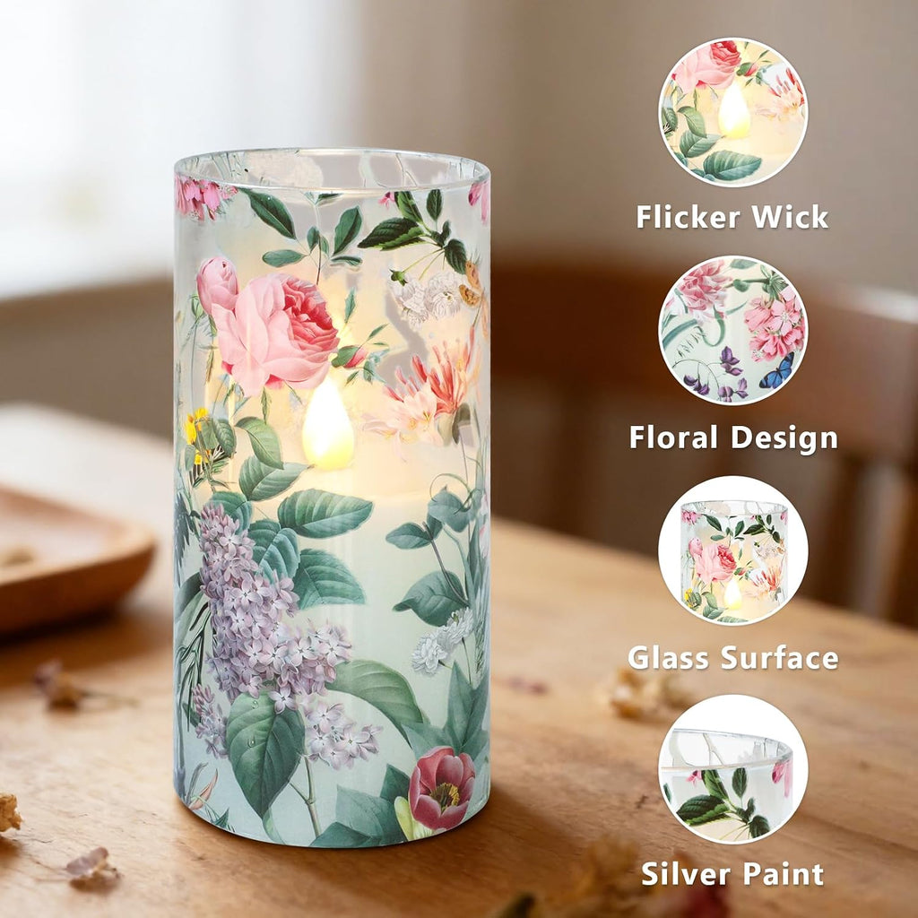 Glass Flameless Candles with Remote Timer Floral Battery Operated LED Flickering Blue Pillar Candle Real Wax Spring Summer Garden Dinner Christmas Holiday Farmhouse Decor D3 x H4, 5", 6"