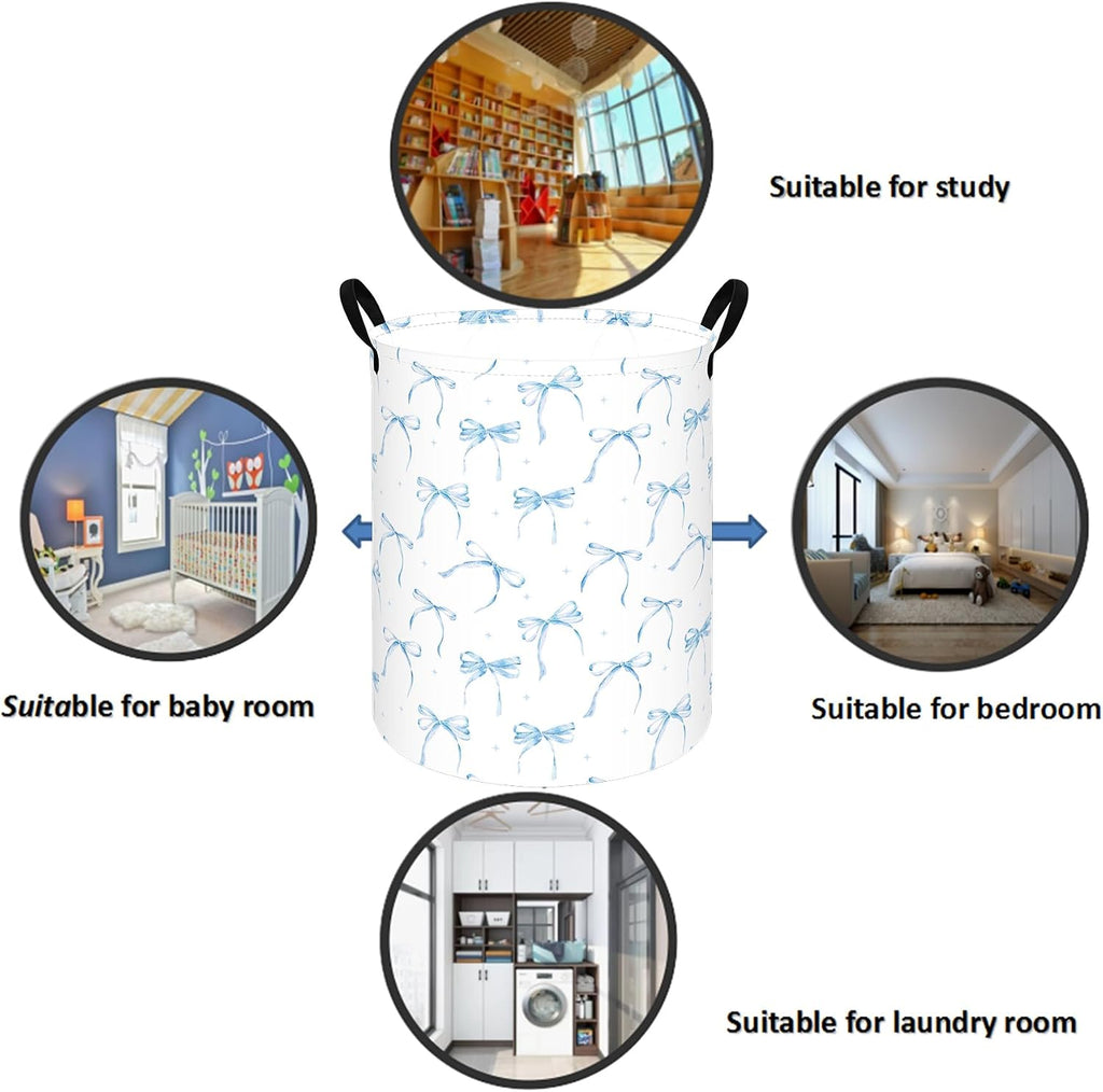 Blue Bow Laundry Hamper for Girls Room, Foldable Toy Storage Basket