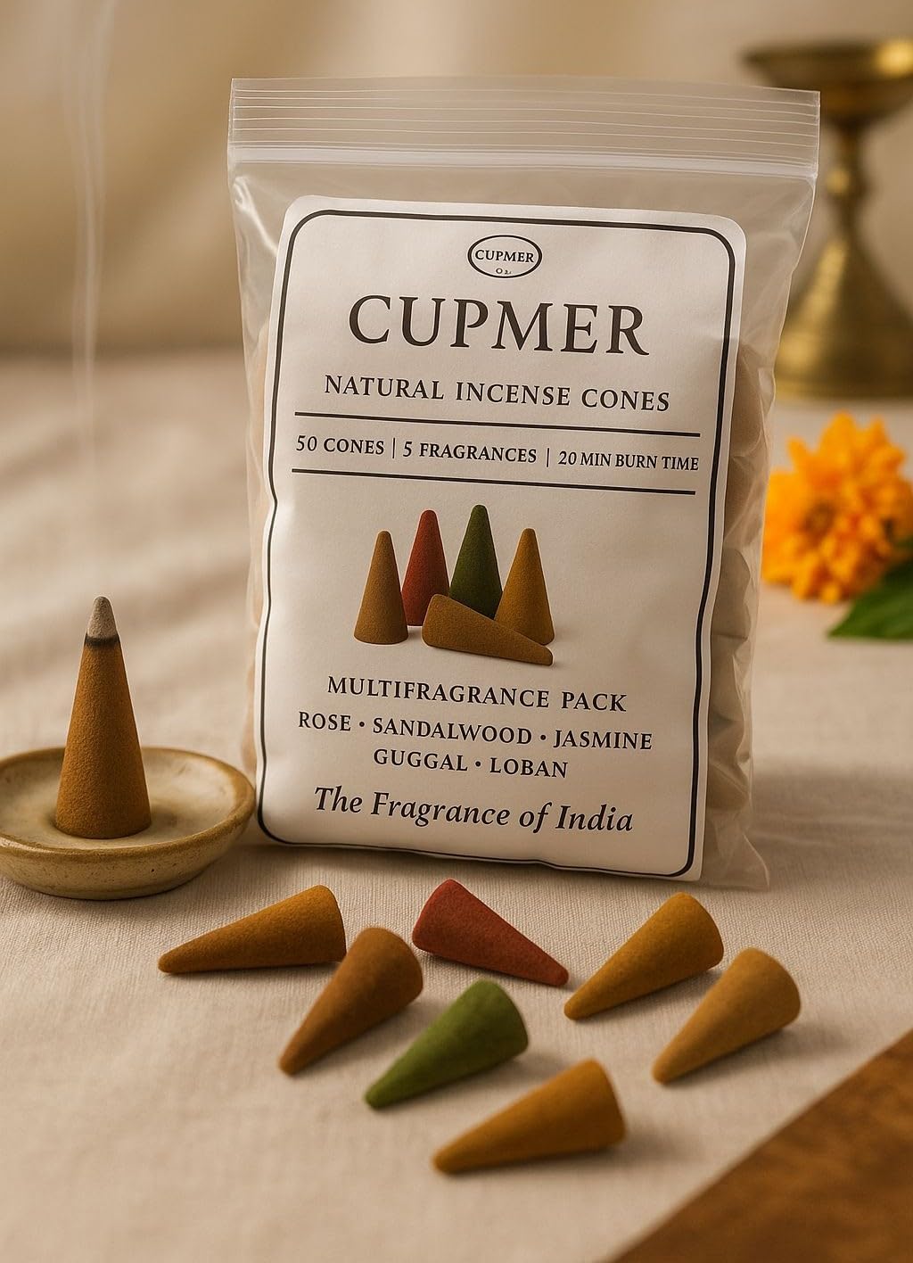 Natural Incense Cones – 50 Handmade Dhoop Cones | 5 Fragrances: Rose, Sandalwood, Jasmine, Guggal, Frankincense | Long-Lasting 20 Min Burn | Meditation, Yoga, Gifting