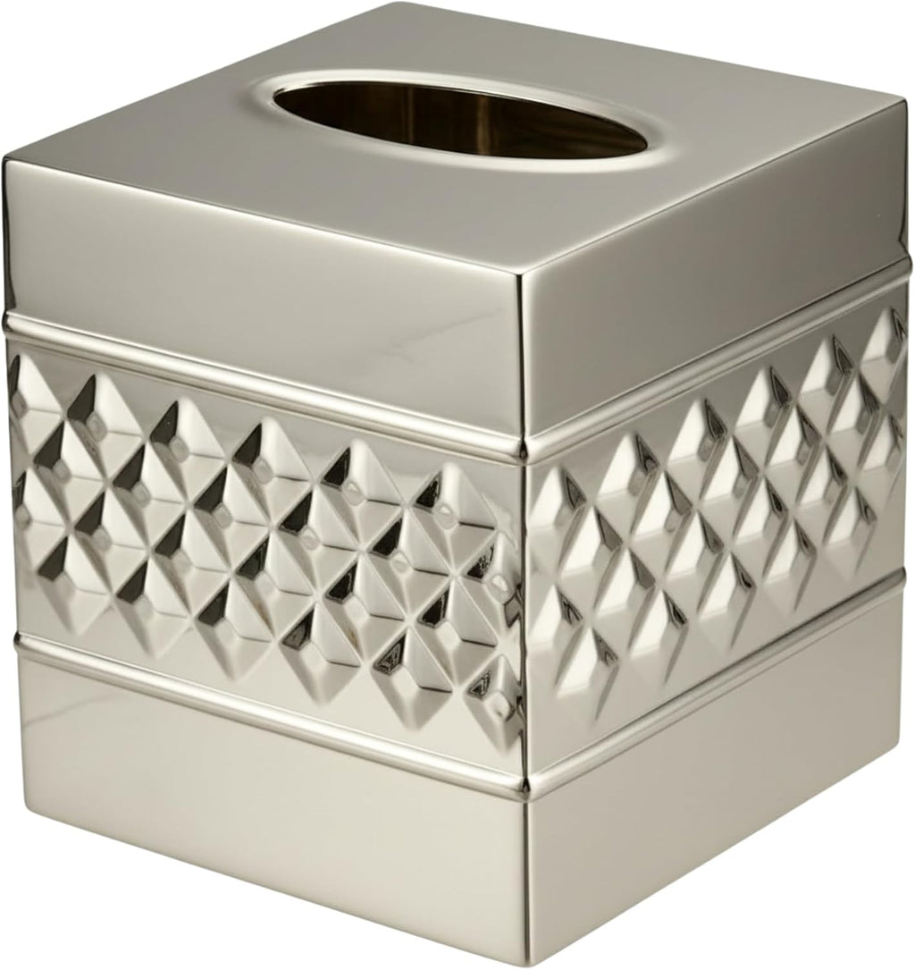 Monarch Abode Tissue Box Cover Square – Handcrafted Geo Embossed Nickel Chrome Finish Metal Tissue Holder Box for Bathroom Accessory, Aesthetic Decorative Facial Napkin Cube for Modern Home Décor