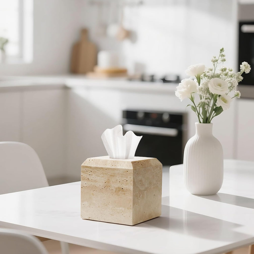 Tissue Box Cover Italy Natural Travertine Stone Heavy Duty Square Facial Toilet Paper Holder for Bathroom Living Room Bedroom Dresser Kitchen Minimalistic Office Home Decor Beige (TBC145WT)