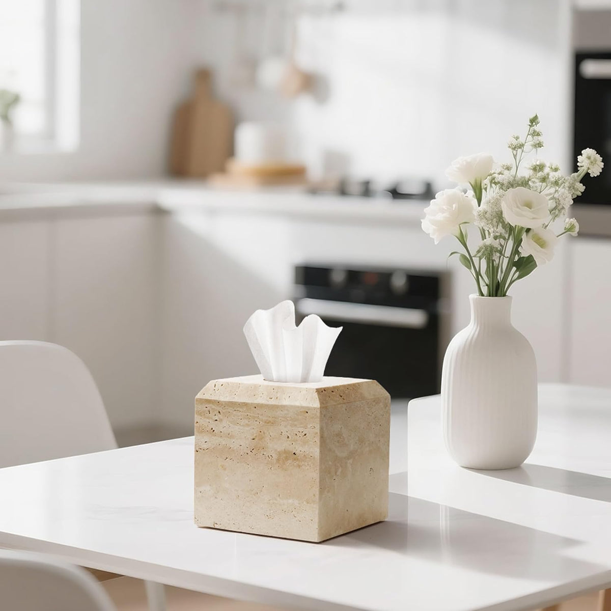 Tissue Box Cover Italy Natural Travertine Stone Heavy Duty Square Facial Toilet Paper Holder for Bathroom Living Room Bedroom Dresser Kitchen Minimalistic Office Home Decor Beige (TBC145WT)