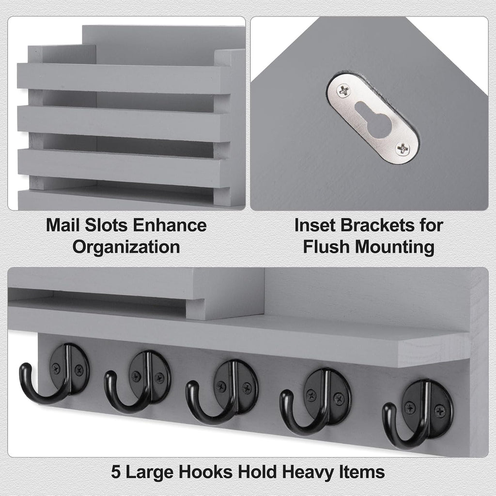 Lwenki Key Holder for Wall – Decorative Wooden Mail Holder and Key Shelf with Mounting Hardware, Installation Guide – Paulownia Wood with Metal Key Hooks (Gray, Large - 11.8inch)