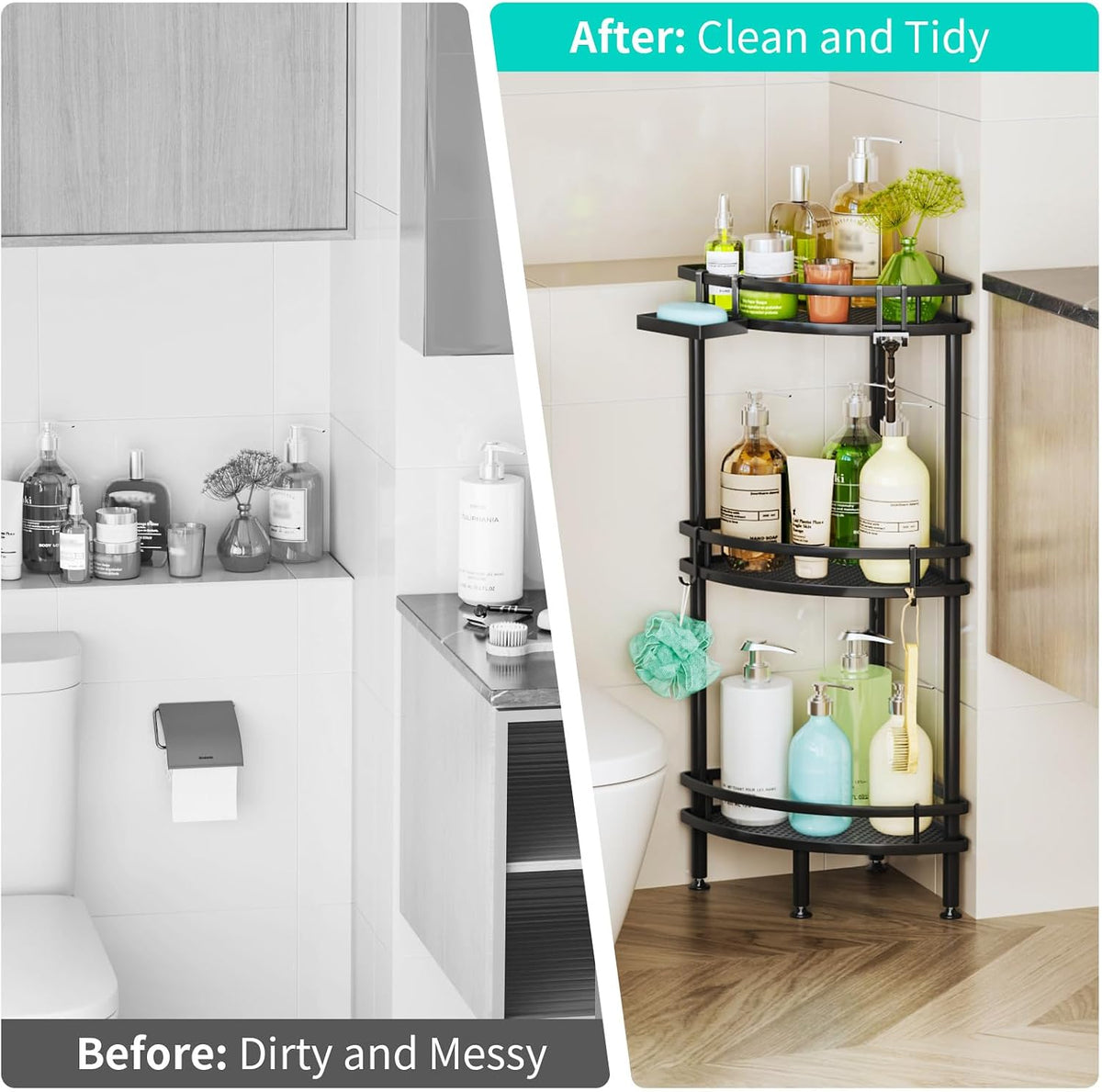 HapiRm Standing Corner Shower Caddy - 3 Tier Shower Organizer Corner with Soap Holder and 4 Hooks, Rustproof Bathroom Storage Shelves with Adhesives, Black