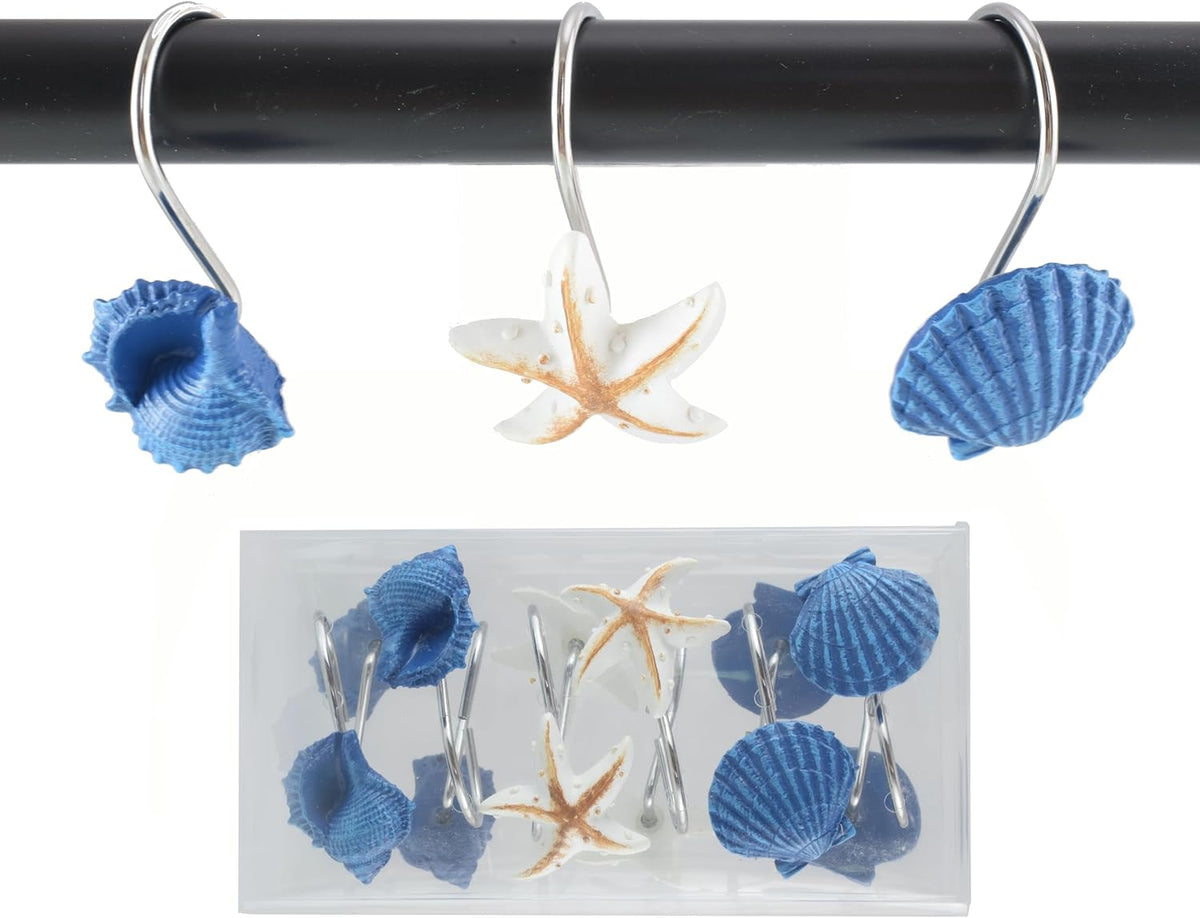 12PC Coastal Blue Shower Curtain Hooks Rings with Starfish Seashell