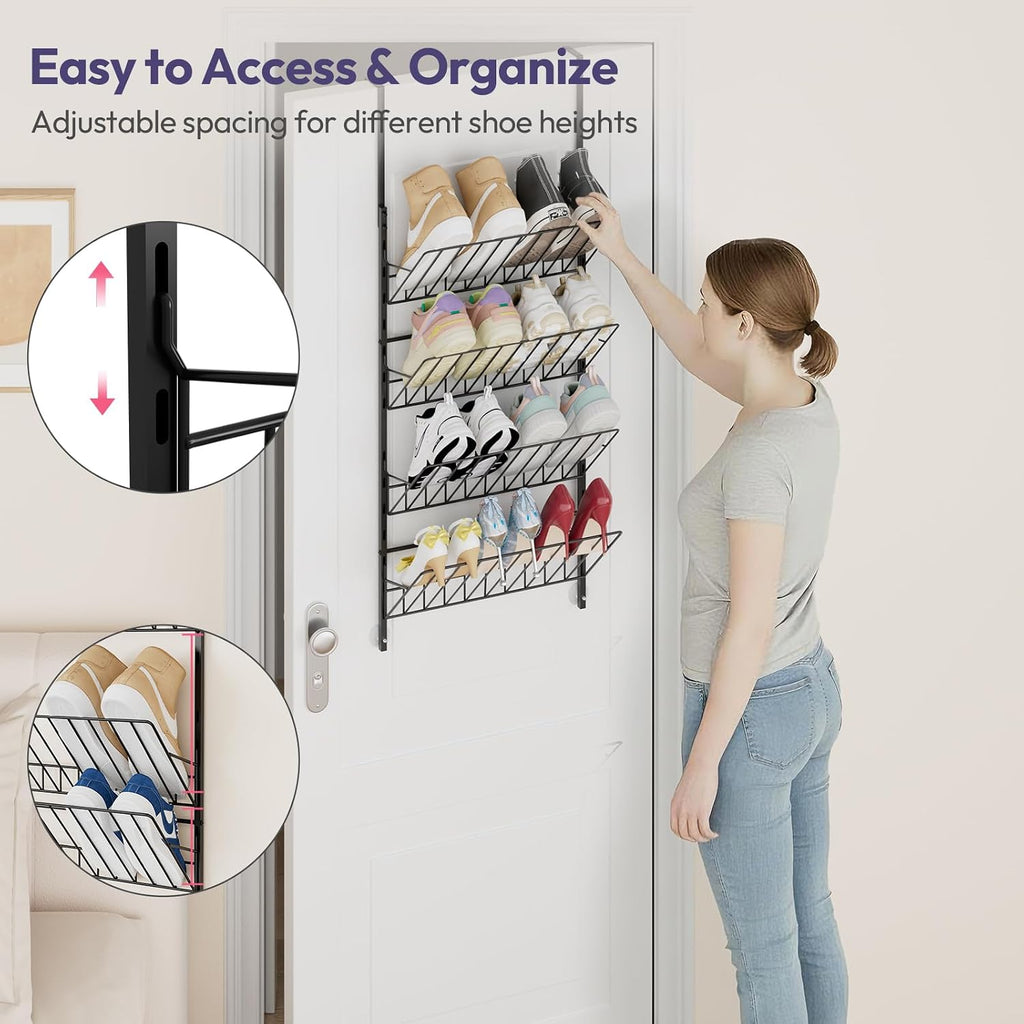 SWTYMIKI Over the Door Shoe Organizer - Adjustable 4 Tier Hanging Shoe Rack Organizer, Metal Heavy Duty Behind Door Storage or Wall Mount Shoes Shelf for Flats, Heels, Sneakers, Boots Black