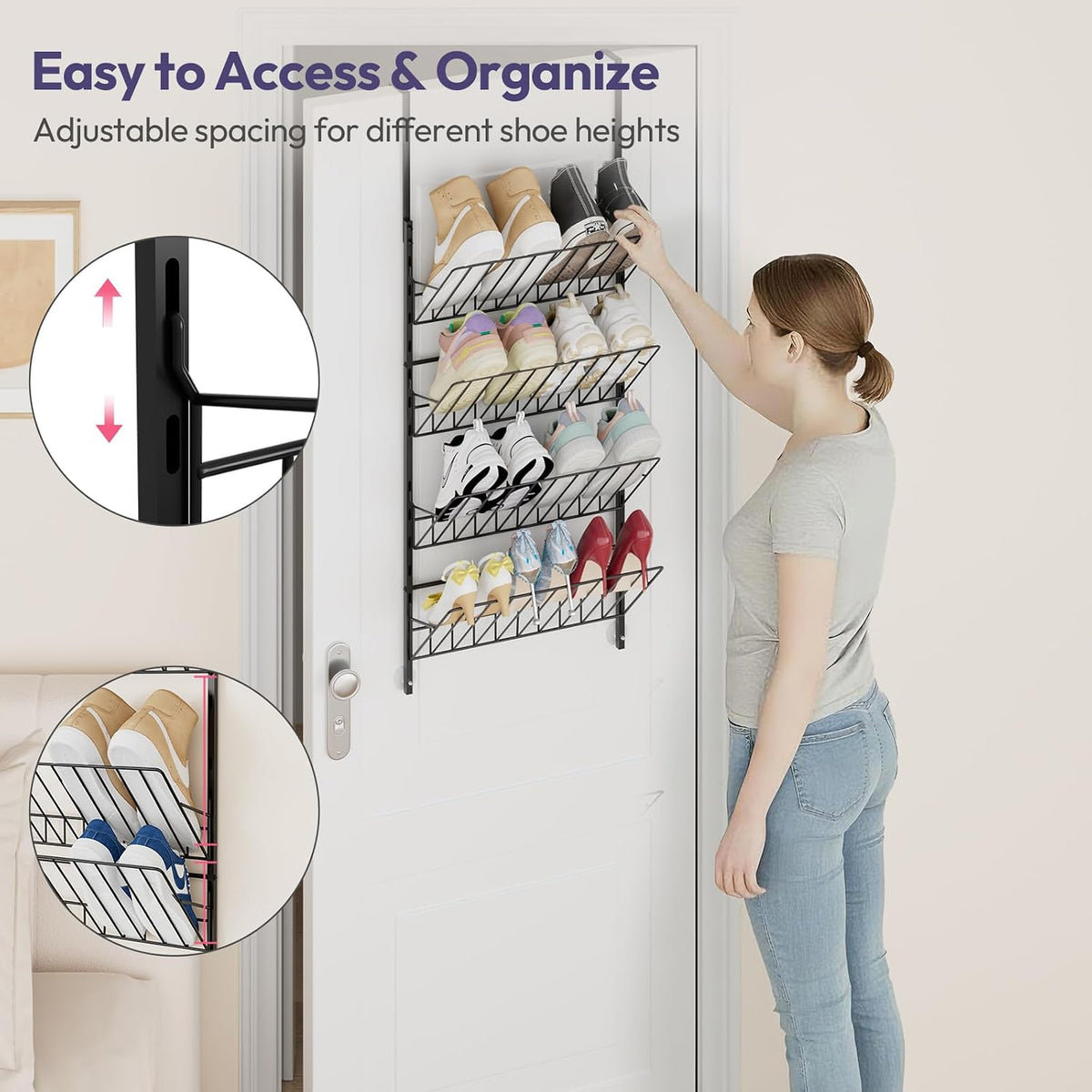 SWTYMIKI Over the Door Shoe Organizer - Adjustable 4 Tier Hanging Shoe Rack Organizer, Metal Heavy Duty Behind Door Storage or Wall Mount Shoes Shelf for Flats, Heels, Sneakers, Boots Black