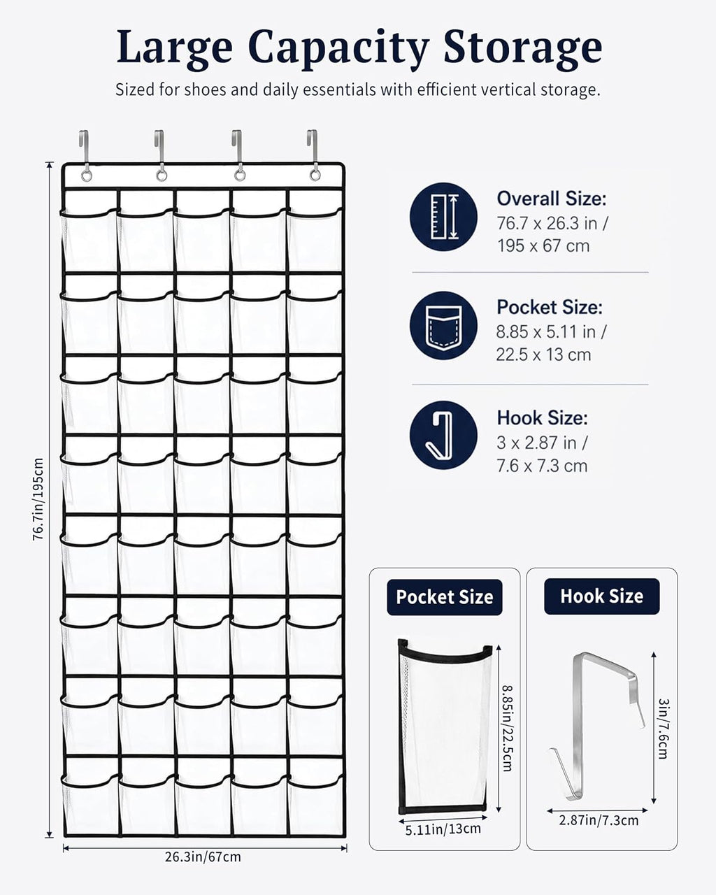 40 Pockets Over the Door Shoe Organizer, Reusable Large Capacity Breathable Mesh Pockets Shoe Holder, Space Saving Hanging Shoe Rack for Dorm Room Bedroom Entryway Closet Storage (White, 40 Pockets)