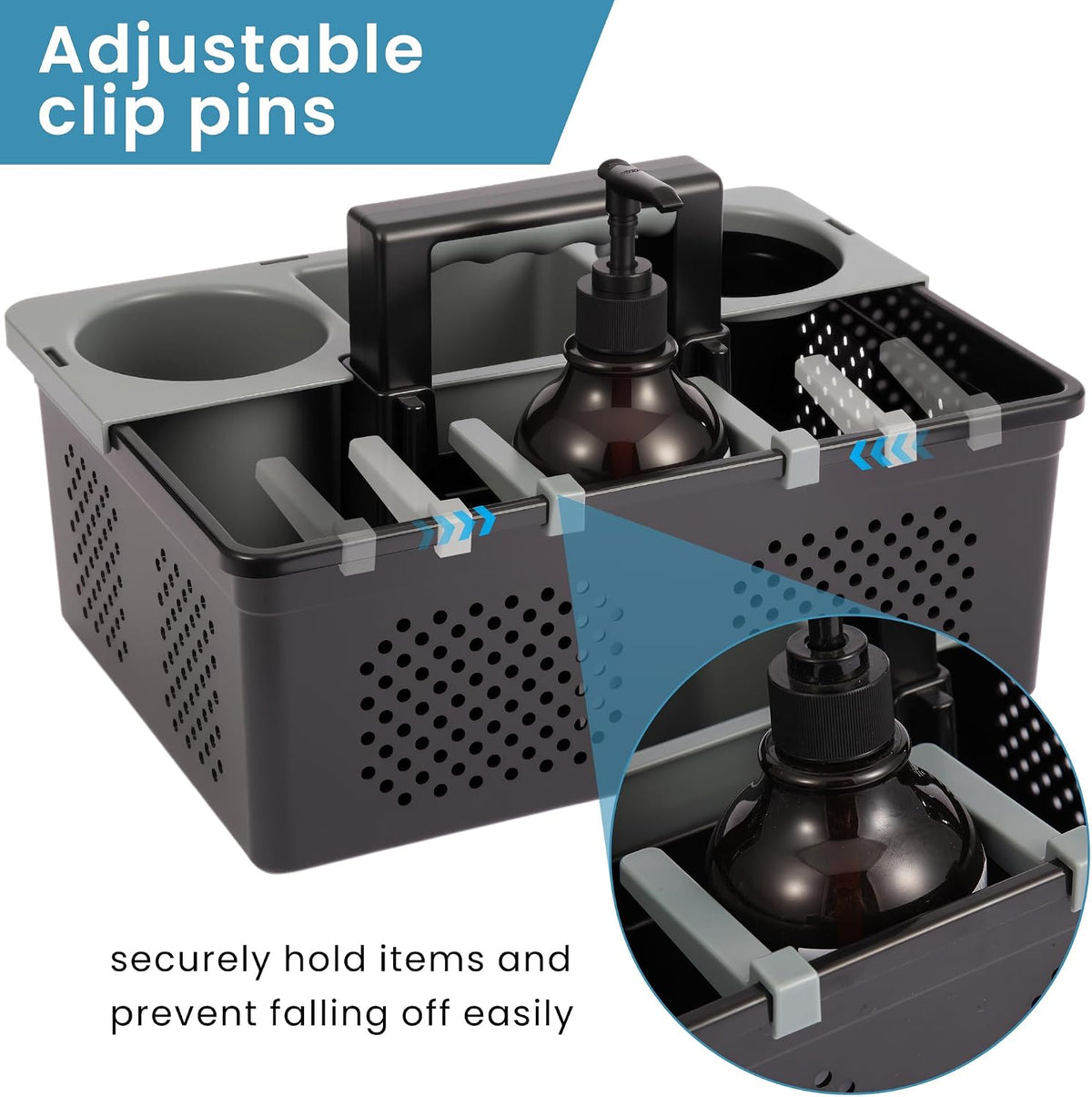 KMV Portable Shower Caddy Dorm: Features handles and adjustable compartments，Ventilation and Drainage Hole Design Cleaning Basket，ideal for toiletries， Essential for college dorms-black