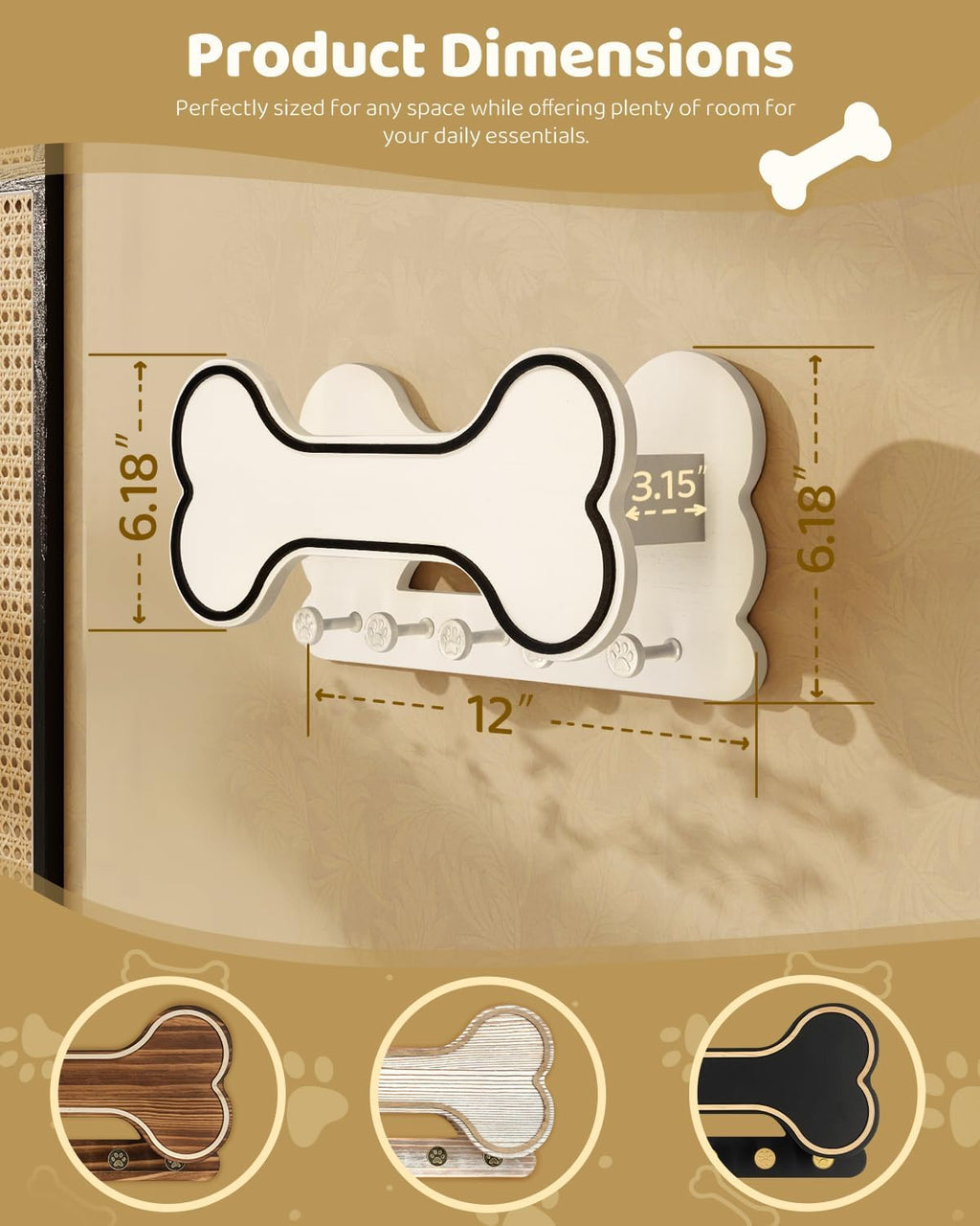 MTERSN Dog Leash Holder for Wall for Apartment Essentials, Black & White