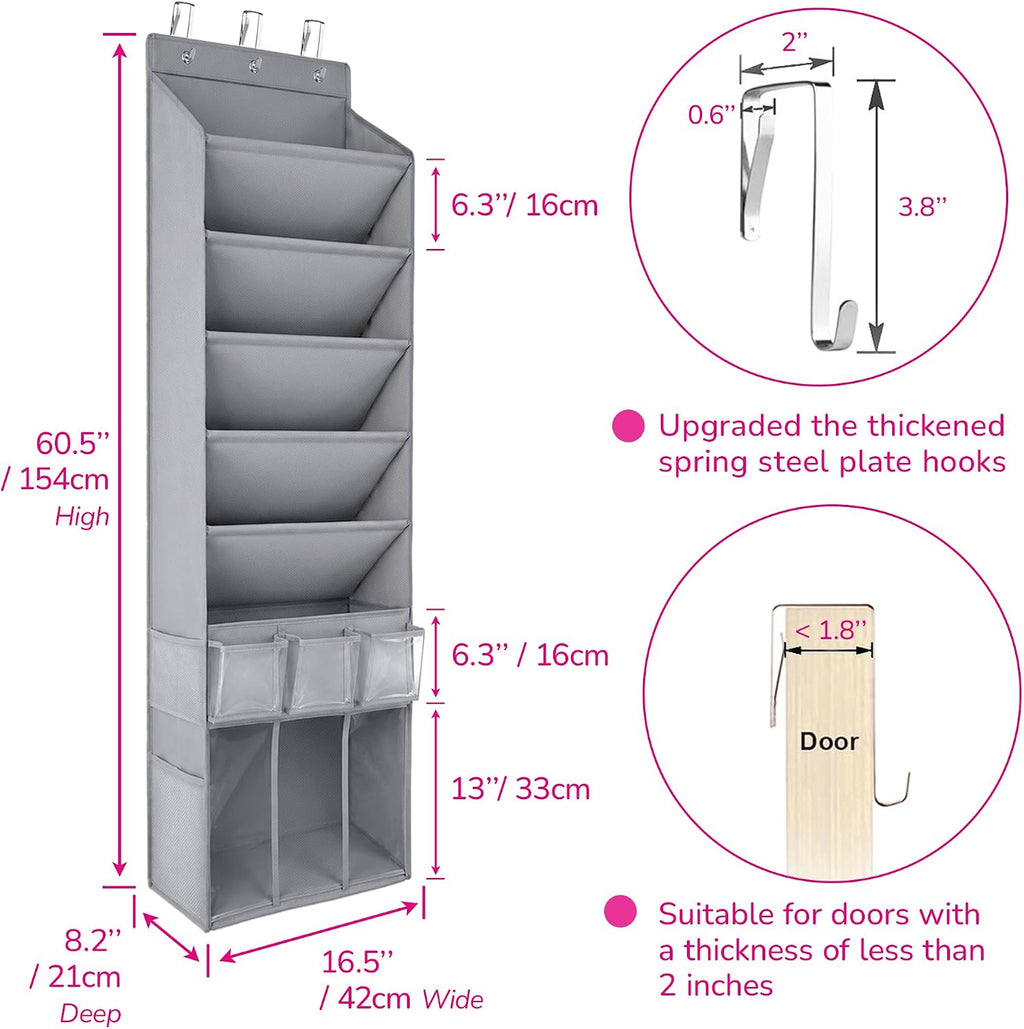 3in1 Over The Door Shoe Organizer with 5 Slanted Compartments,Removable Storage Bin & Transparent Pockets,Thickened Waterproof Oxford Fabric Shoes Rack for Shoes,Boots,Toys,Daily Essentials. (Grey)