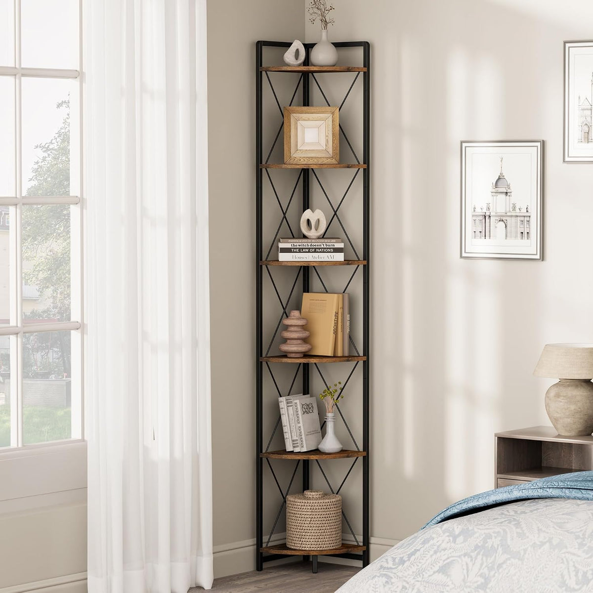6 Tier Corner Shelf Stand, 78" H Tall Corner Bookshelf, Rustic Brown