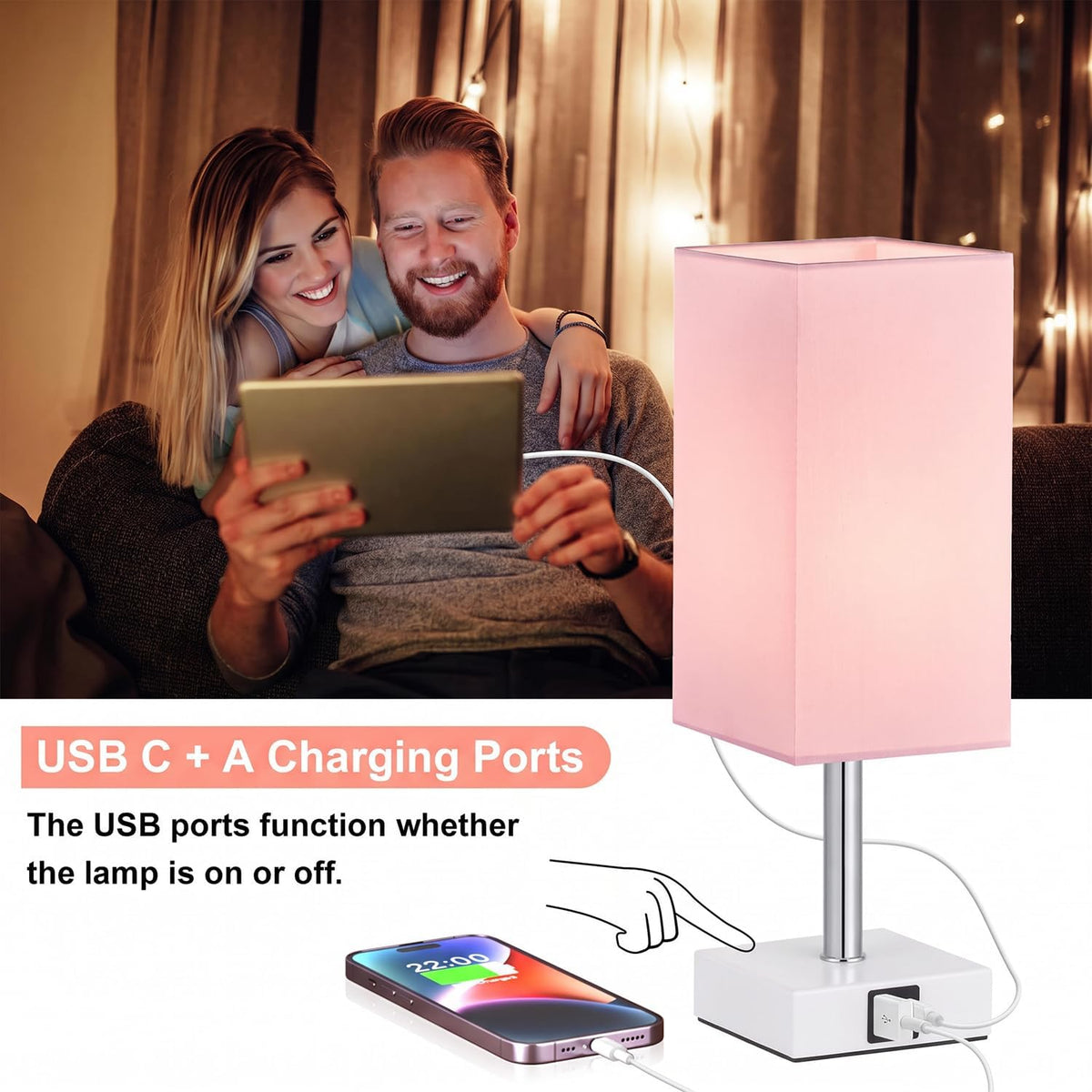 Touch Table Lamps Set of 2 for Bedroom - Dimmable, USB C+A, White Base