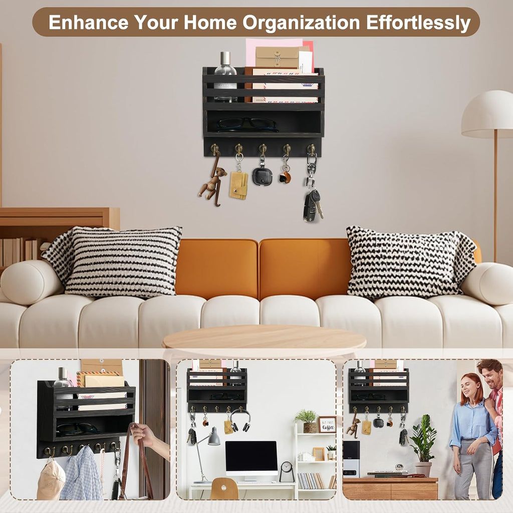Key Holder Wall Mount with Mail Organizer, 5 Key Hooks, Black