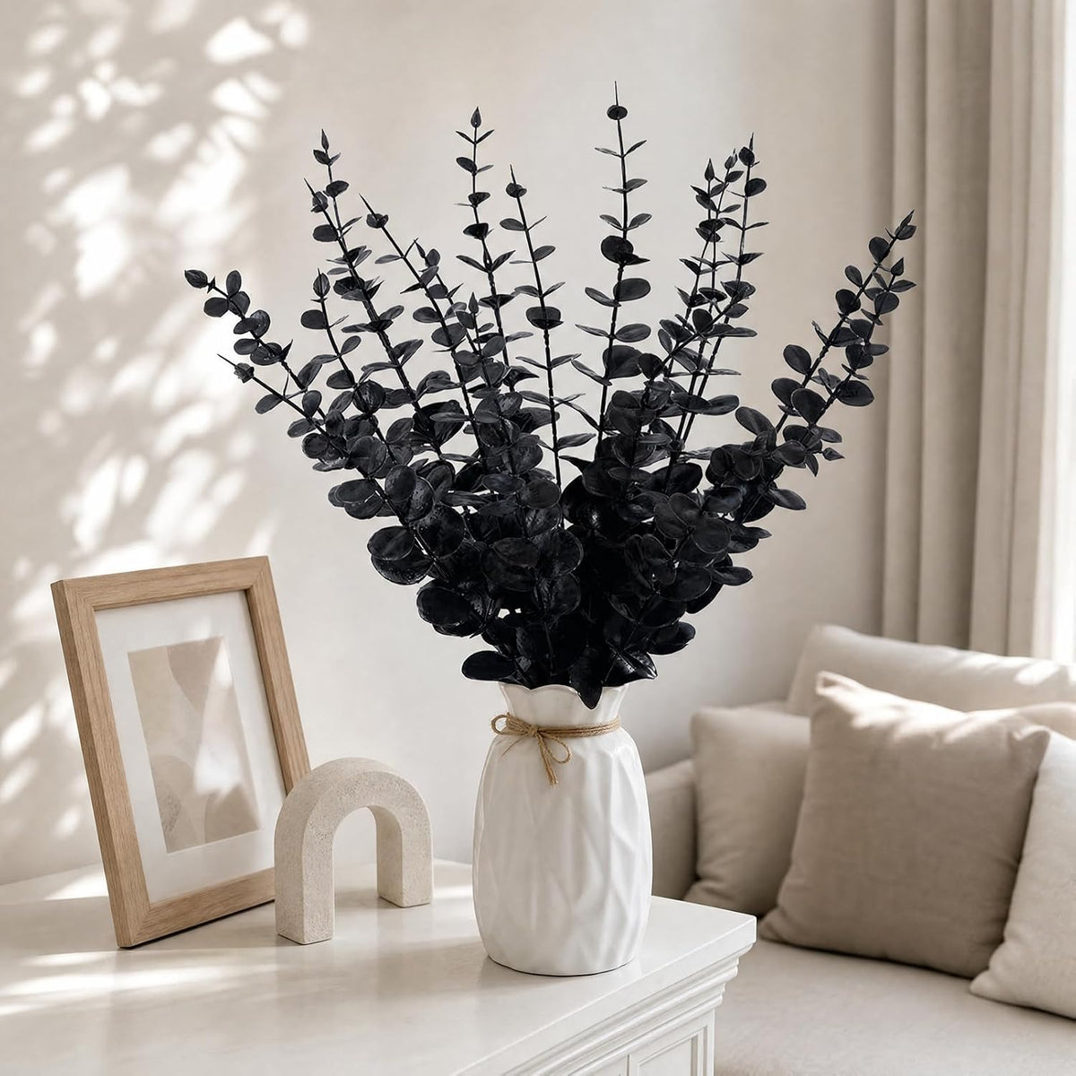 18 Pcs Artificial Eucalyptus Stems Black Leaves Fake Greenery Branches Faux Flowers Bouquet for Home Decor Wedding Centerpiece Table Decoration