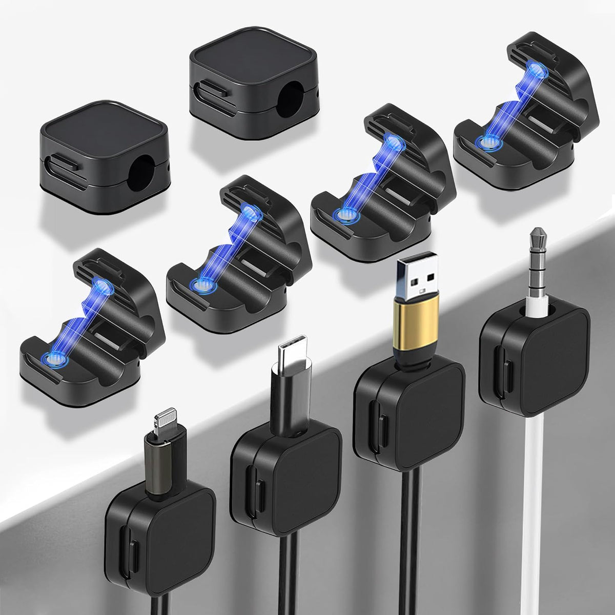 10 Pack Desk Cable Strong Adhesive Management Clips，Organize Phone Charging Magnetic Cable Wire Holder, Easy to Open, for Desk, Wall, Office, Car,Nightstand(Black)