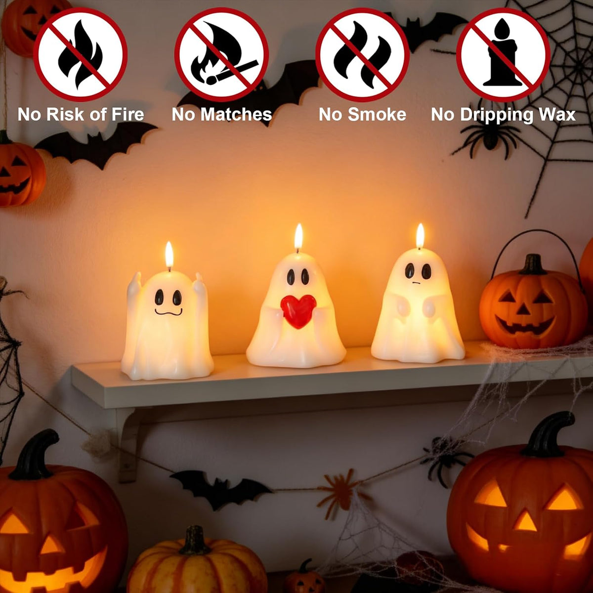 Halloween Ghost Flameless Candles with 6H Timer Hand-Painted Heart