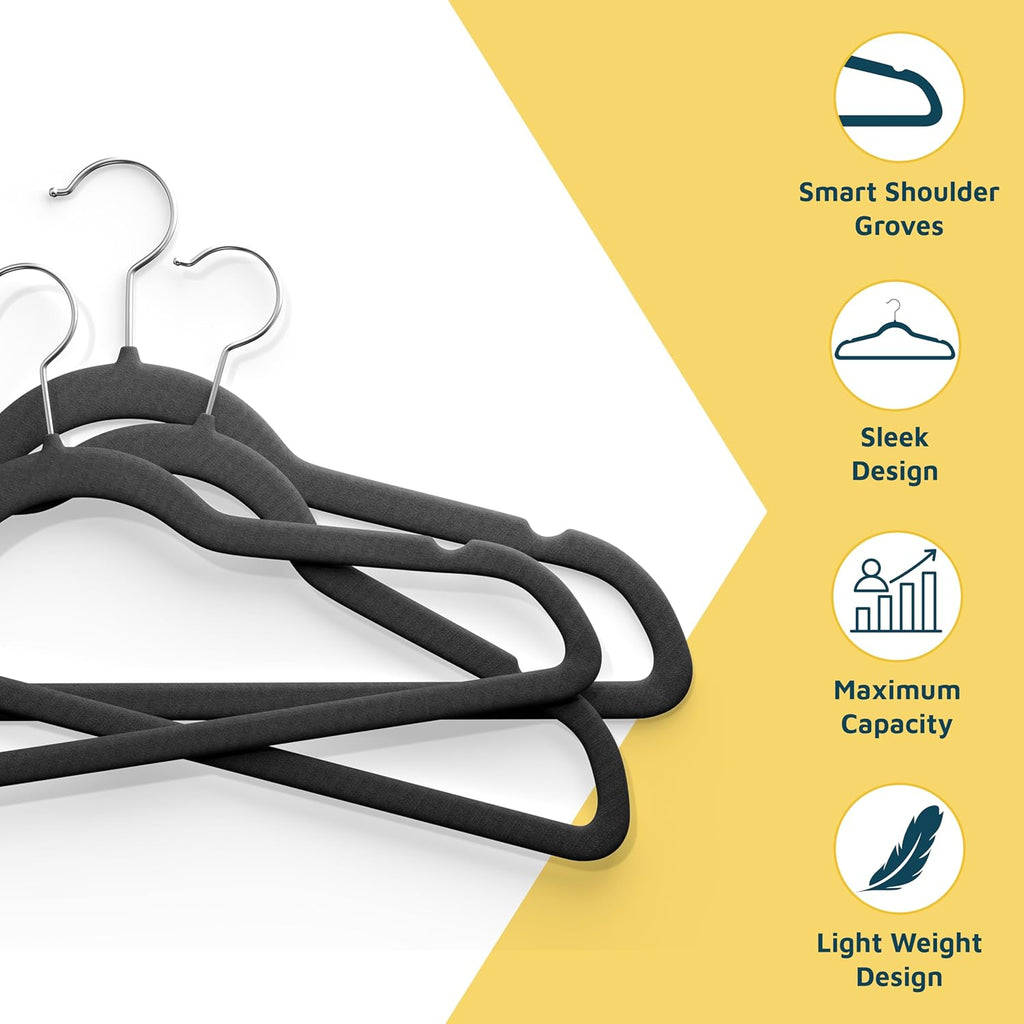 Lifemaster Velvet Non-Slip Plastic Hanger Set - 20 Pieces Non-Slip Clothes Hanger Set with 360° Swivel Hook, Space-Saving, Sleek Design, Smooth Velvet Finish, Lightweight Construction - Black