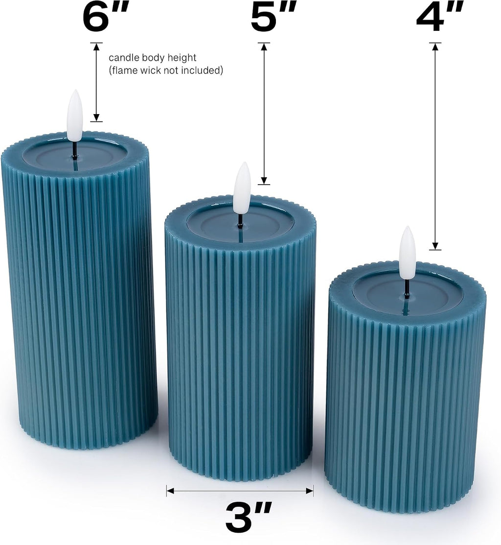 Fluted Ribbed LED Pillar Candles, Blue, with Realistic Reflective Melted-Wax Effect – Flickering Flame, Remote, Dimmable, Flameless, Battery Operated, Home & Wedding Decor (Set of 3)